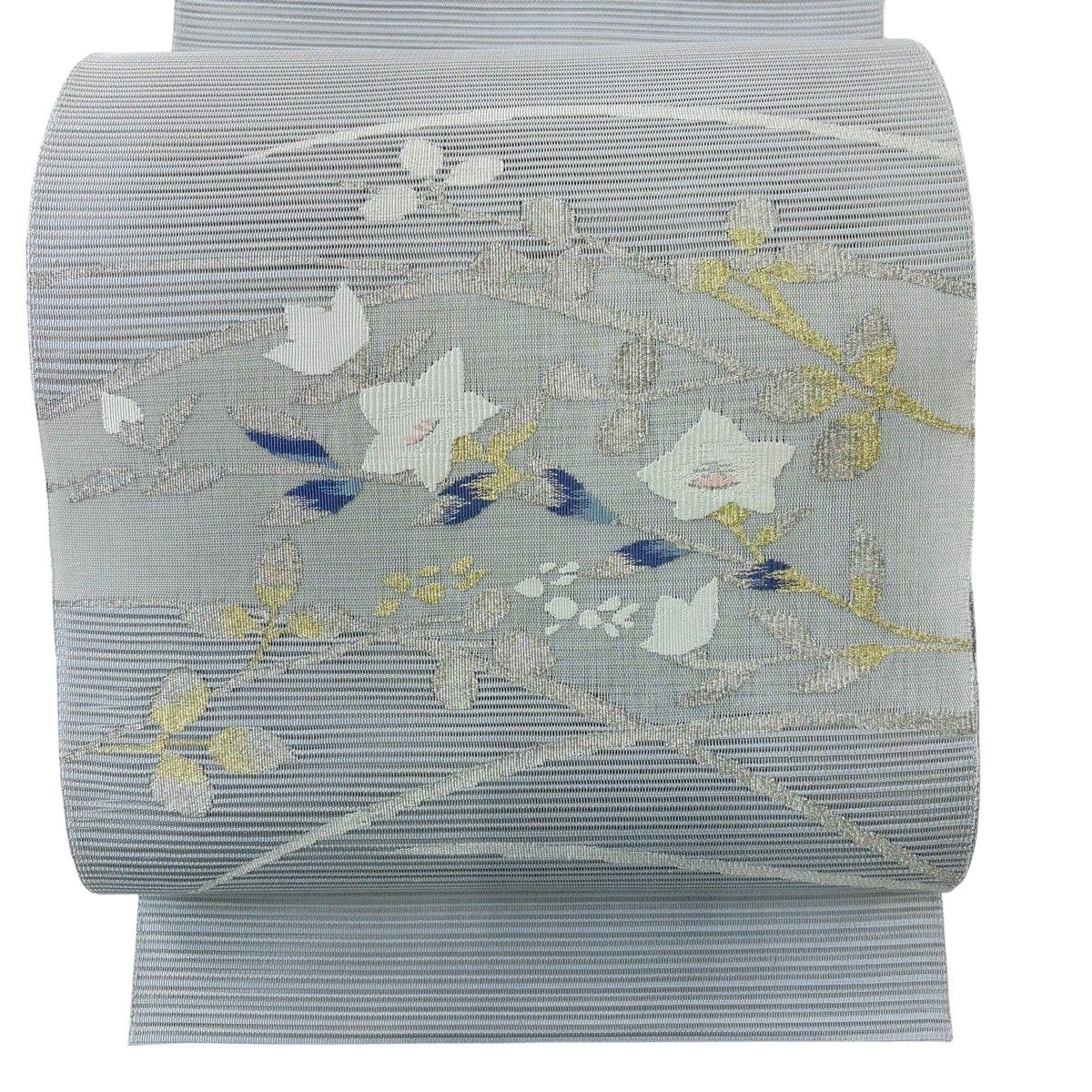 美品】 名古屋帯 秀品 夏帯 絽 八寸名古屋帯 松葉仕立て 桔梗 葉柄 金 美品】 名古屋帯 秀品 夏帯 絽 八寸名古屋帯 松葉仕立て 桔梗 葉柄 金
