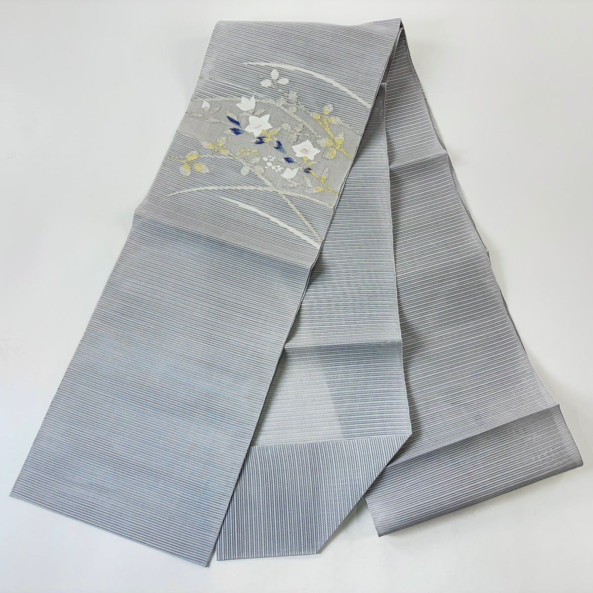 美品】 名古屋帯 秀品 夏帯 絽 八寸名古屋帯 松葉仕立て 桔梗 葉柄 金