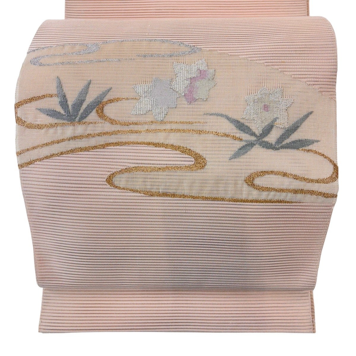 美品】 名古屋帯 逸品 落款あり 夏帯 絽 楠目ちづ 草花 銀彩 薄茶色