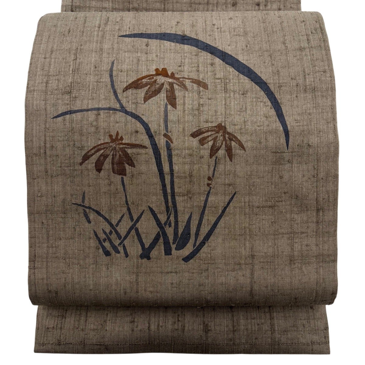 美品】 開き名古屋帯 秀品 紬地 草花 刺繍 焦茶色 正絹｜中古・古着