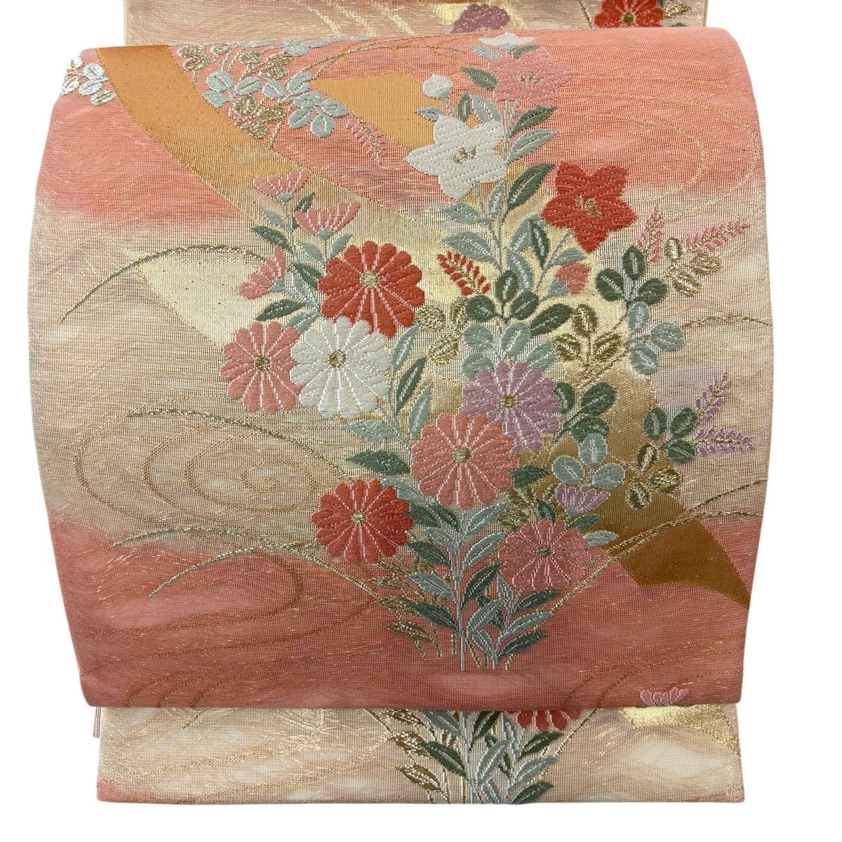 正絹・夏帯・袋帯・透け感・流水に秋草 美品】 袋帯 秀品 夏帯 秋草 流水 唐織 金糸 ピンク 六通 正絹｜中古