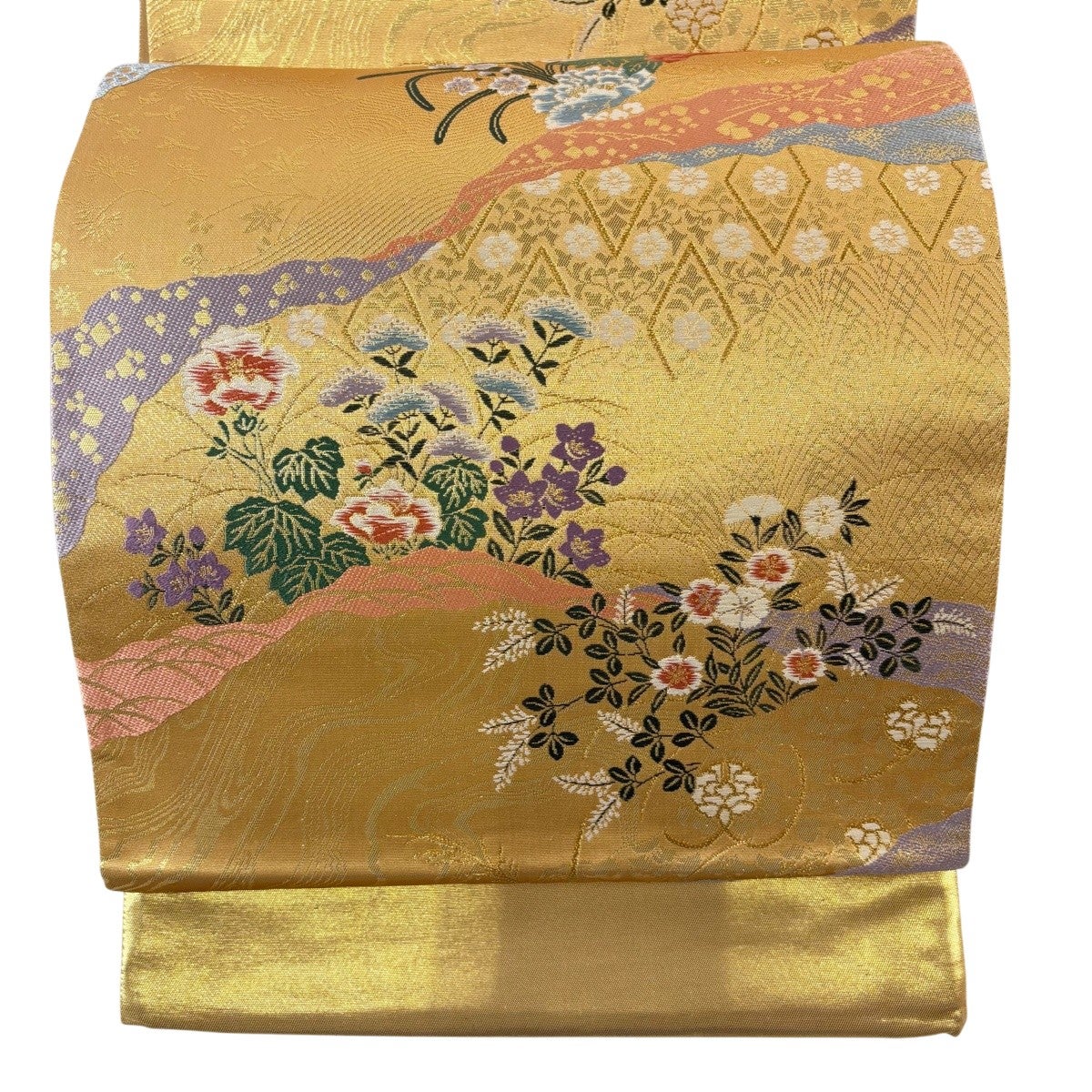 美品】 名古屋帯 逸品 佐波理 落款あり 八寸名古屋帯 花 箔 金銀糸