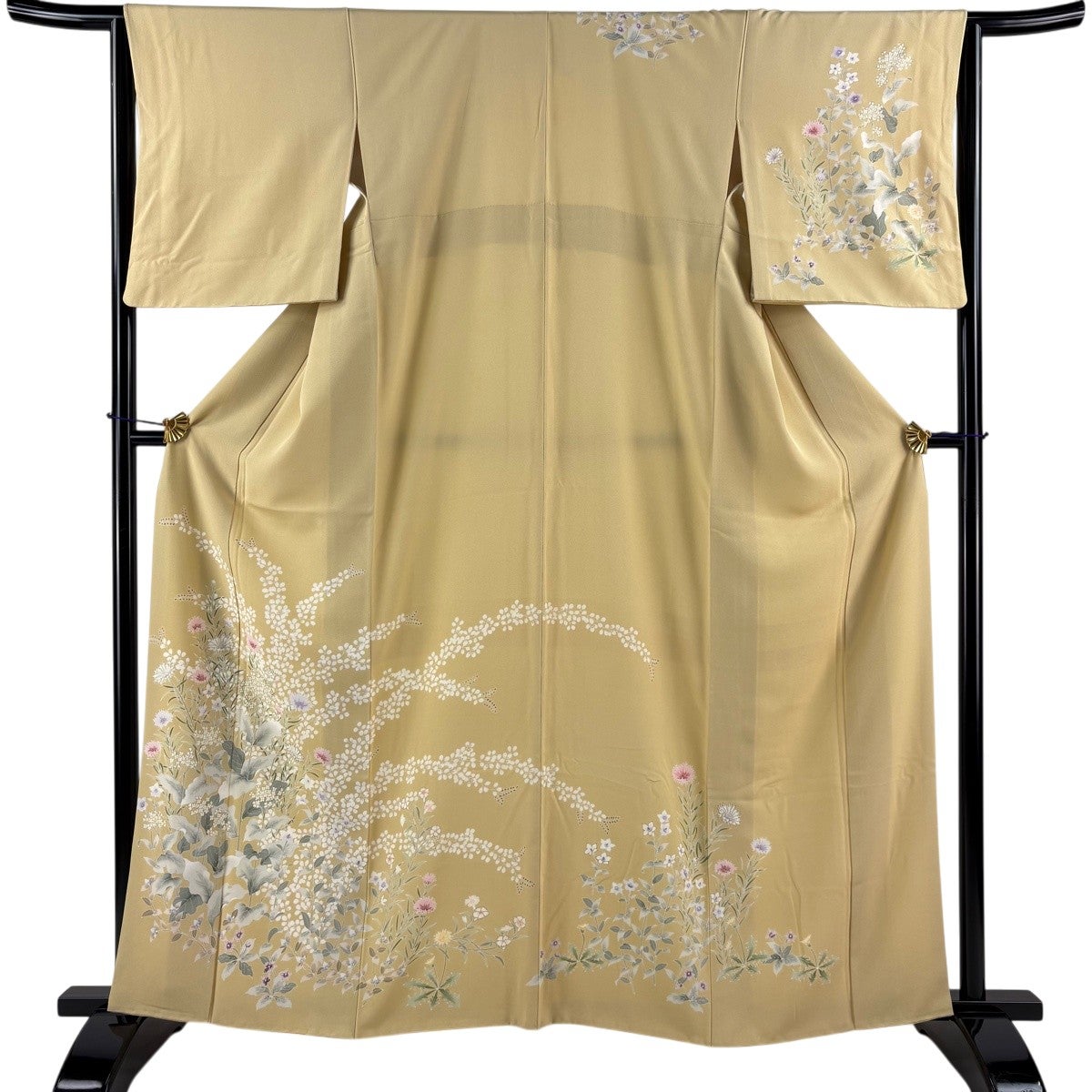 訪問着 身丈162cm 裄丈64cm M 袷 草花 萩 金彩 ベージュ 正絹 名品