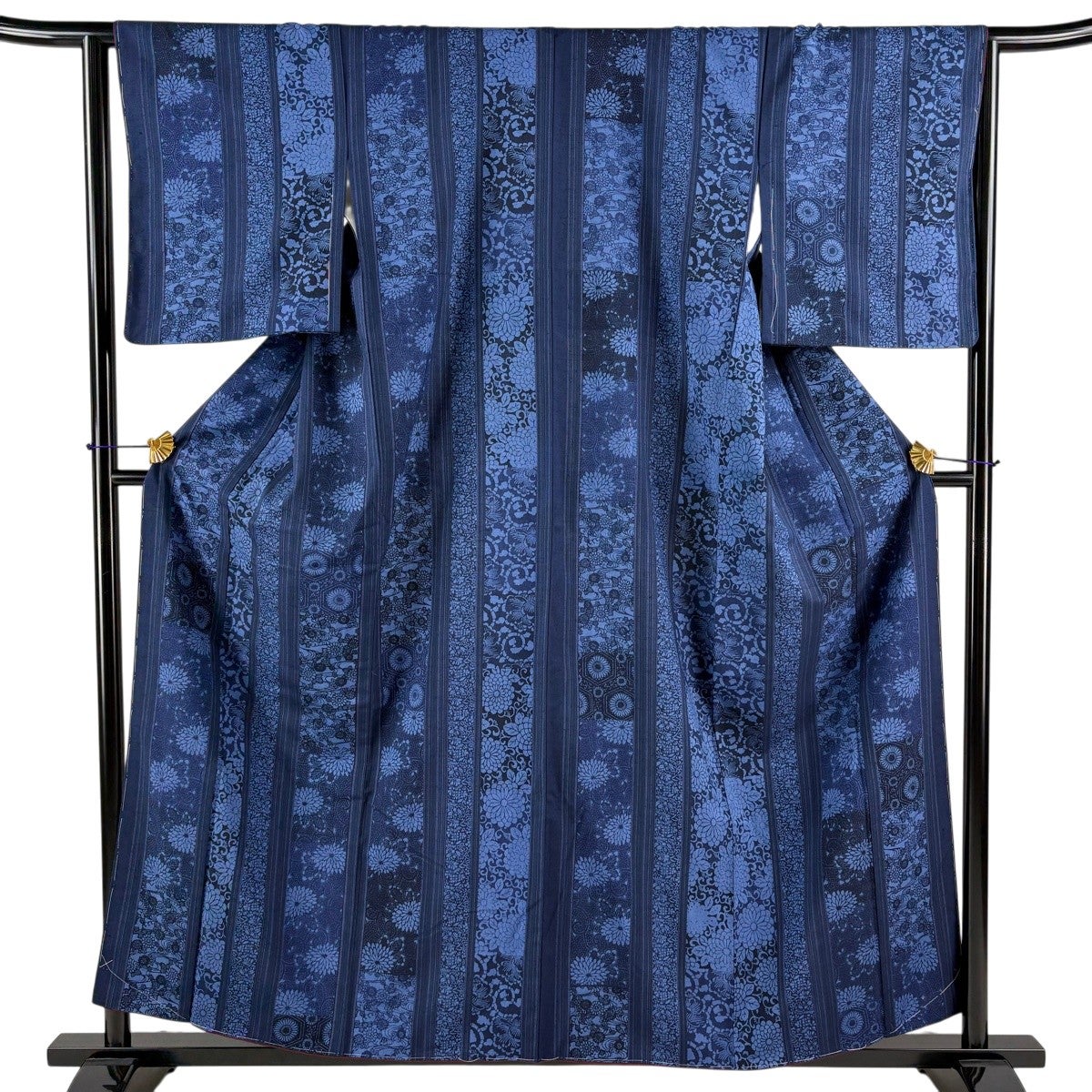 美品】 小紋 身丈157.5cm 裄丈64cm M 袷 紬地 インド藍 縞 菊唐草 藍色