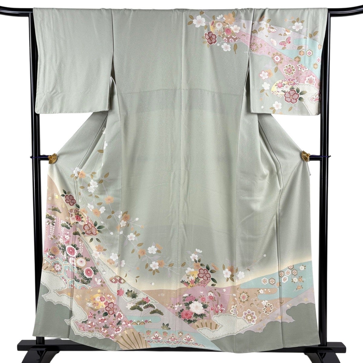 美品】 訪問着 身丈156cm 裄丈66.5cm M 袷 やまと 扇面 桜 金糸 金銀彩