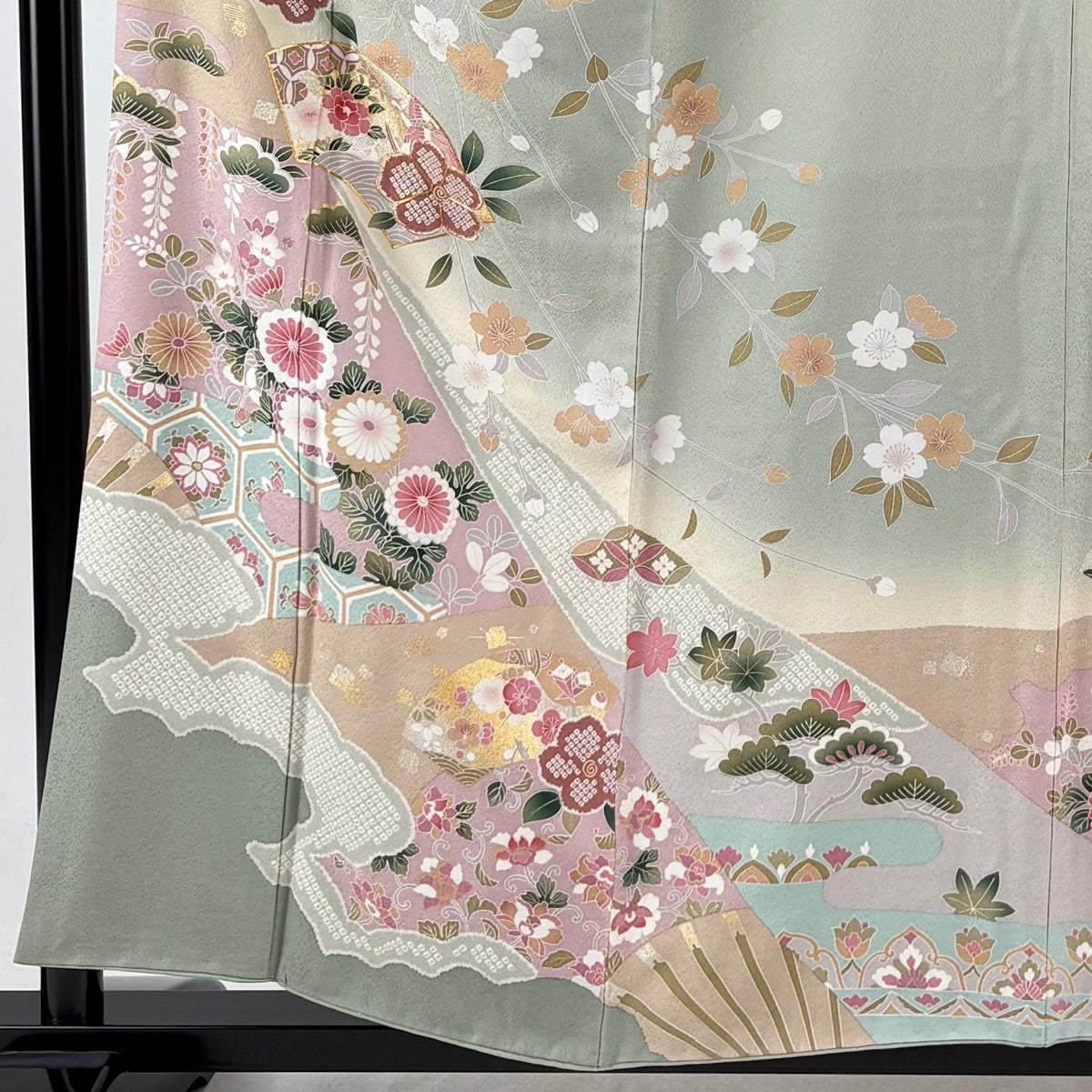 美品】 訪問着 身丈156cm 裄丈66.5cm M 袷 やまと 扇面 桜 金糸 金銀彩