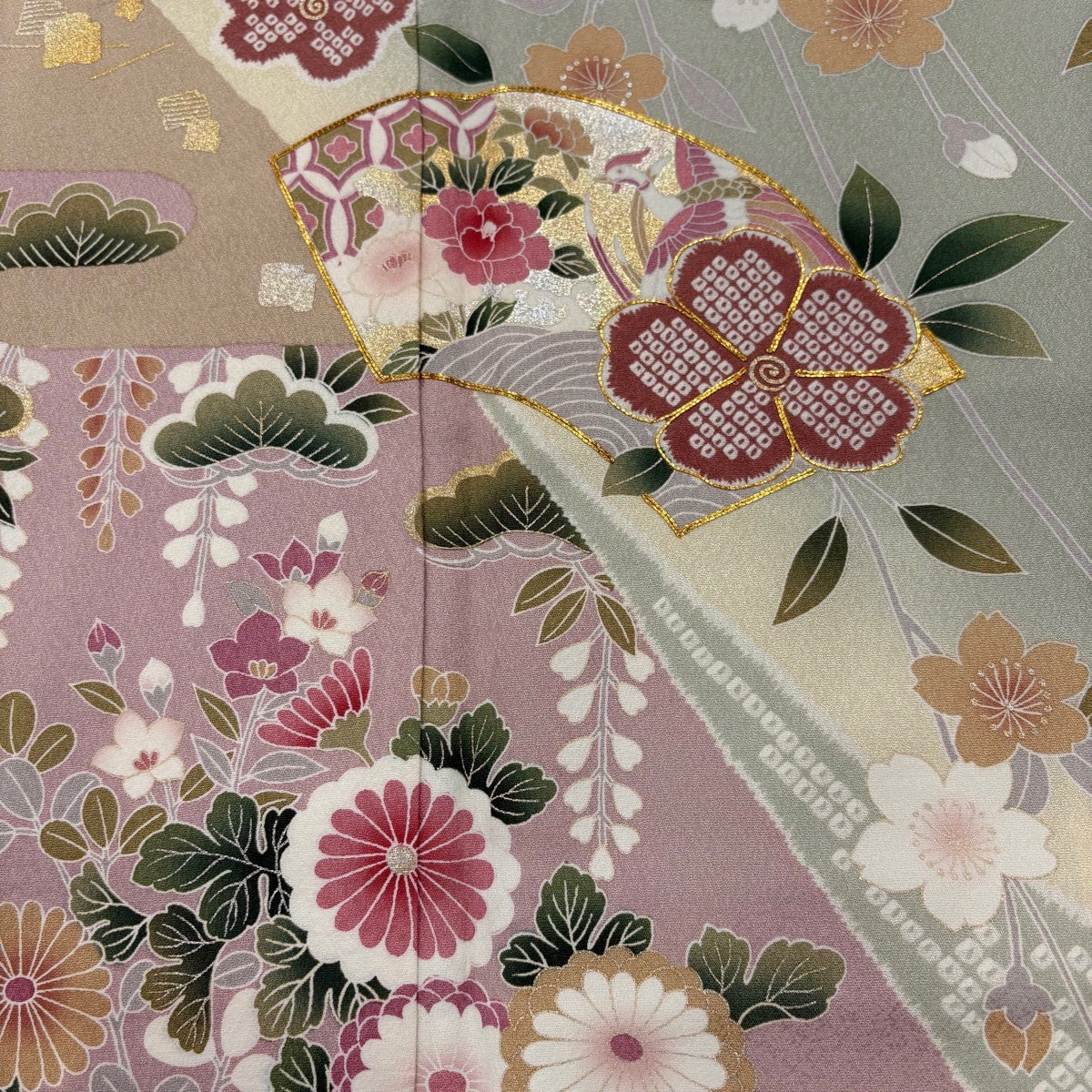 美品】 訪問着 身丈156cm 裄丈66.5cm M 袷 やまと 扇面 桜 金糸 金銀彩