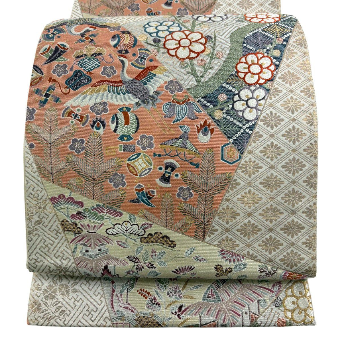 袋帯 秀品 織の名工 吉祥文様 鶴 草花 箔 金糸 黒 六通 正絹