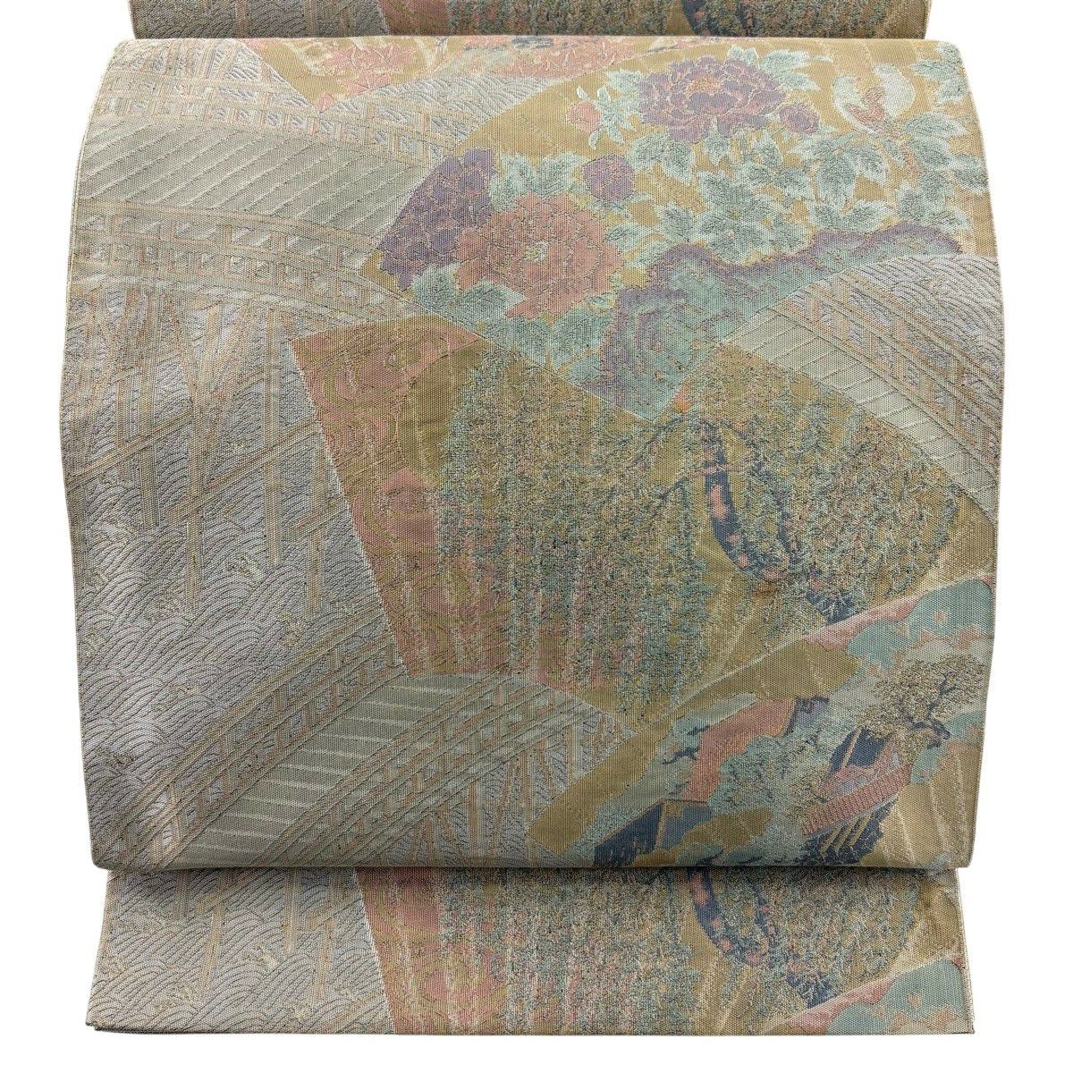 袋帯 秀品 斉藤三才 落款あり 蝶 籠目 箔 金彩 紺色 全通 正絹｜中古
