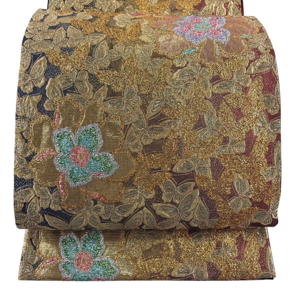 美品】 袋帯 秀品 振袖向き 藤 波 箔 金色 六通 正絹｜中古・古着
