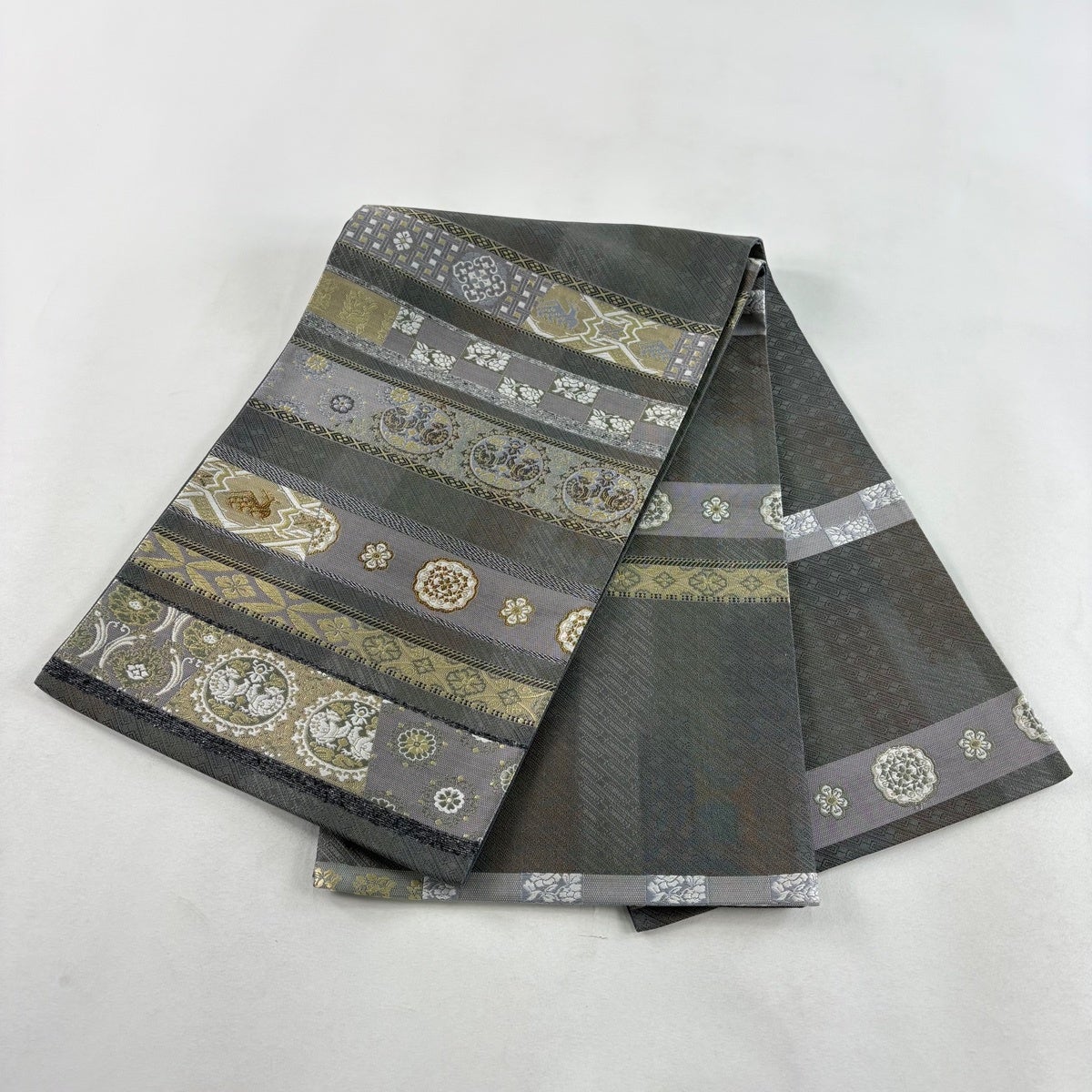 30%OFF 【美品】 袋帯 秀品 向かい鳥 段縞 金糸 灰緑 お太鼓柄 正絹