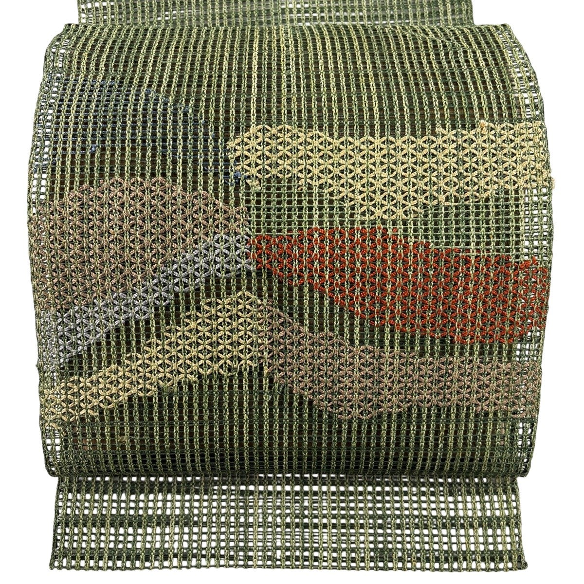 名古屋帯 緑色 紅葉柄 松葉仕立て 麻 夏帯 カジュアル 美品 美品】 名古屋帯 秀品 夏帯 羅 八寸名古屋帯 松葉仕立て トンネル