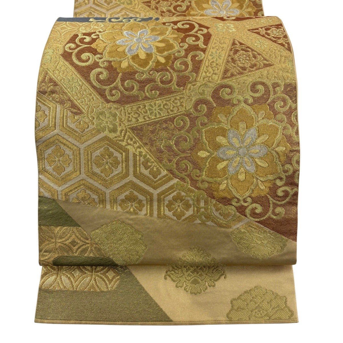 美品】 袋帯 逸品 川島織物 落款あり 関西仕立て 華文 金糸 箔 金色 六
