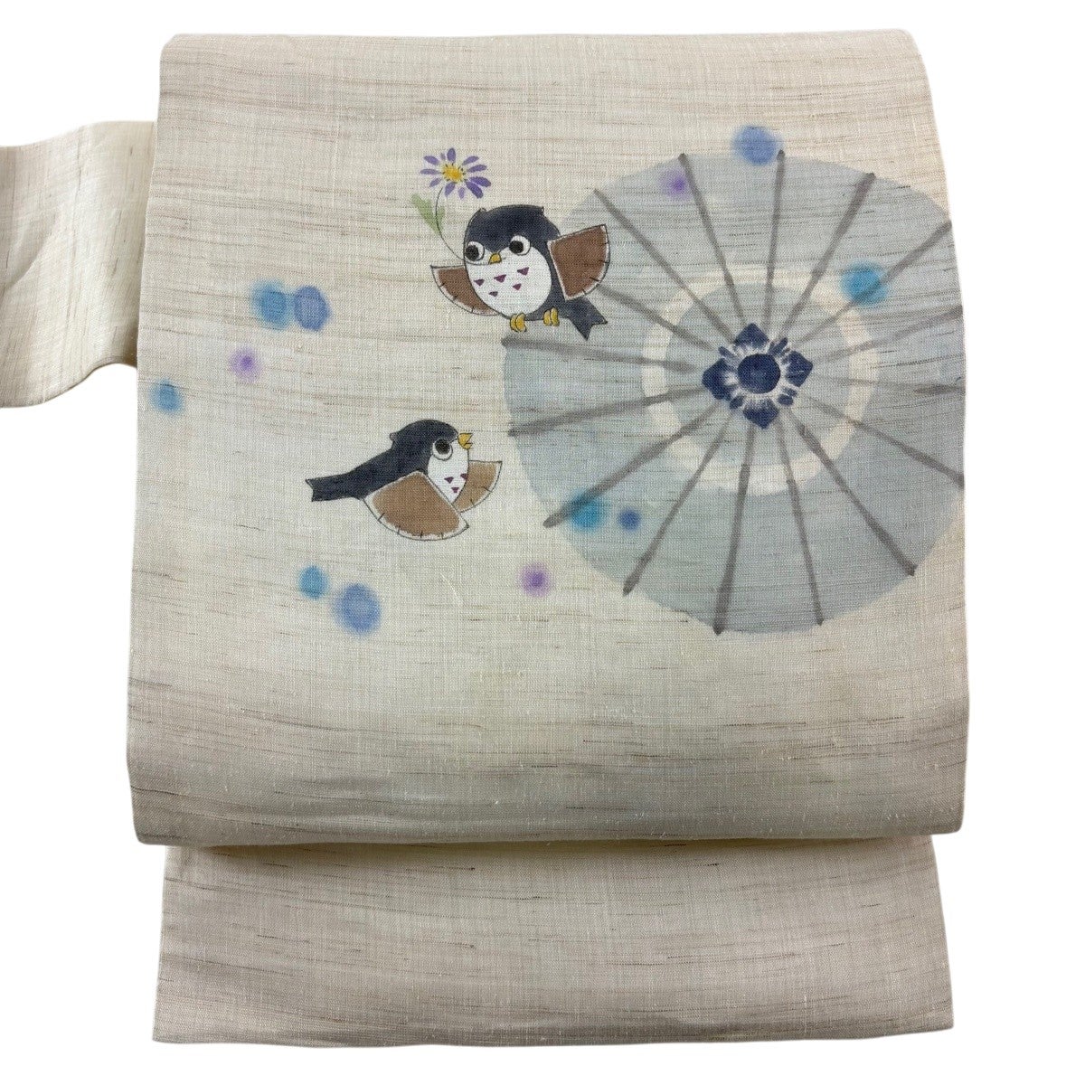 名古屋帯 名品 落款あり 夏帯 草花 トンボ 薄茶色 麻｜中古・古着