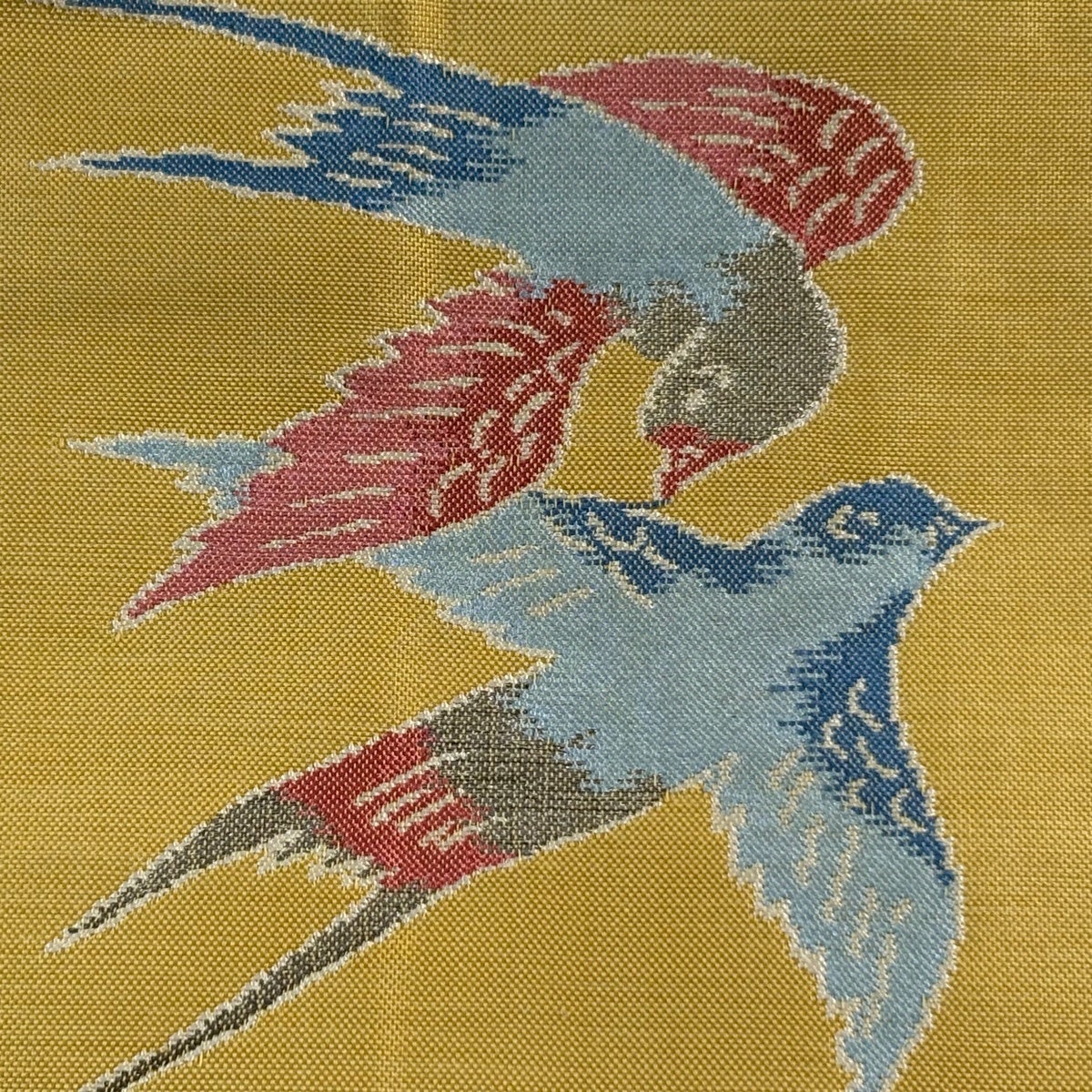 名古屋帯　アンティーク　笹　渡り鳥　金糸　銀糸　着物　103b p 名古屋帯 優品 枝花 花鳥 金銀糸金銀糸 黄色 正絹｜中古・古着