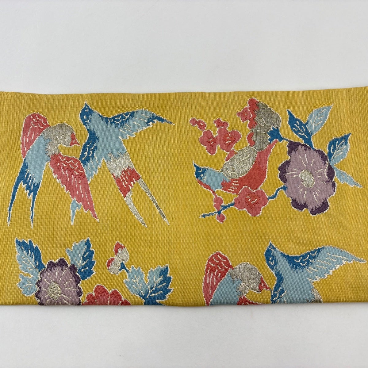 名古屋帯　アンティーク　笹　渡り鳥　金糸　銀糸　着物　103b p 名古屋帯 優品 枝花 花鳥 金銀糸金銀糸 黄色 正絹｜中古・古着