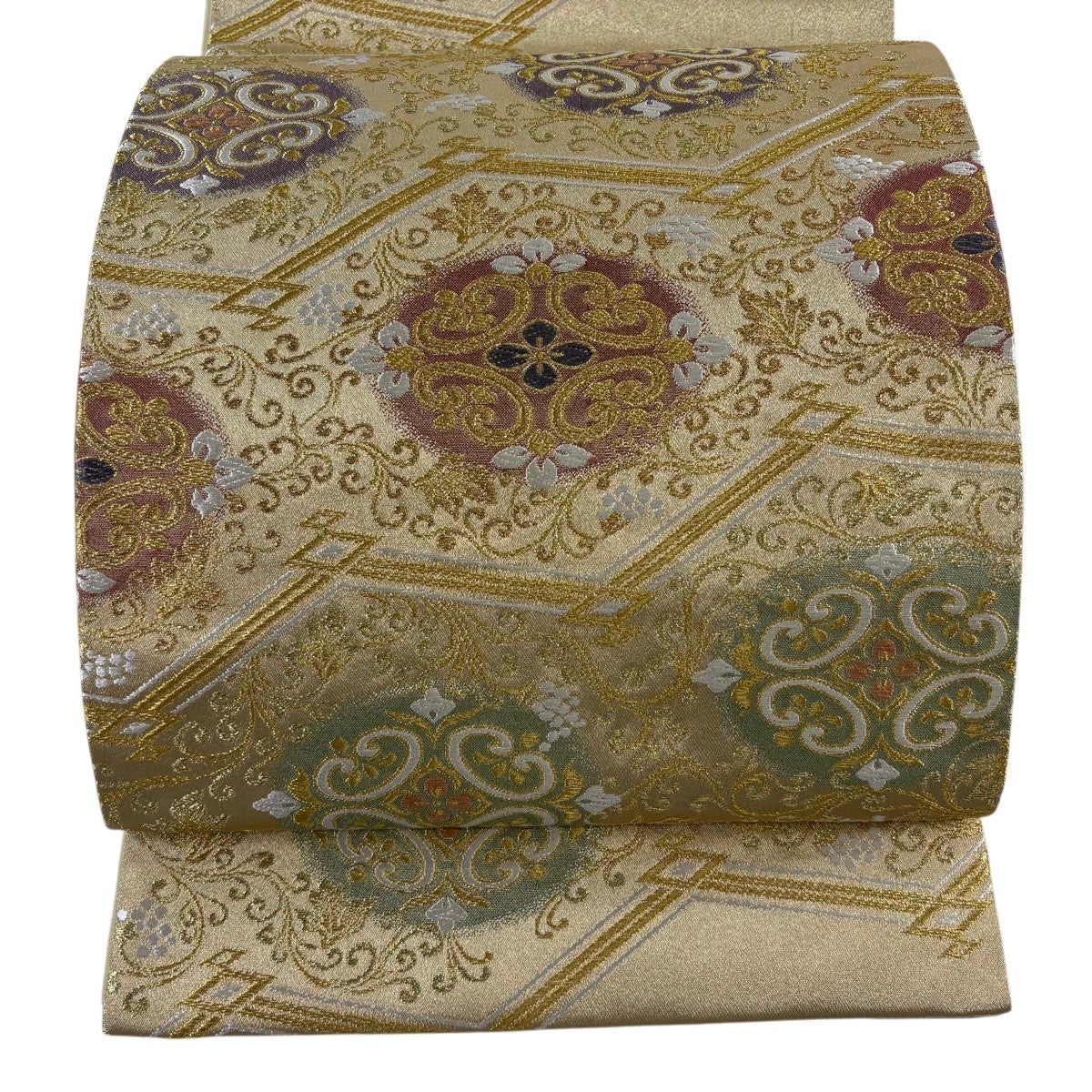 50%OFF 袋帯 秀品 花唐草 道長取 金銀糸 箔 金色 六通 正絹 K50｜中古