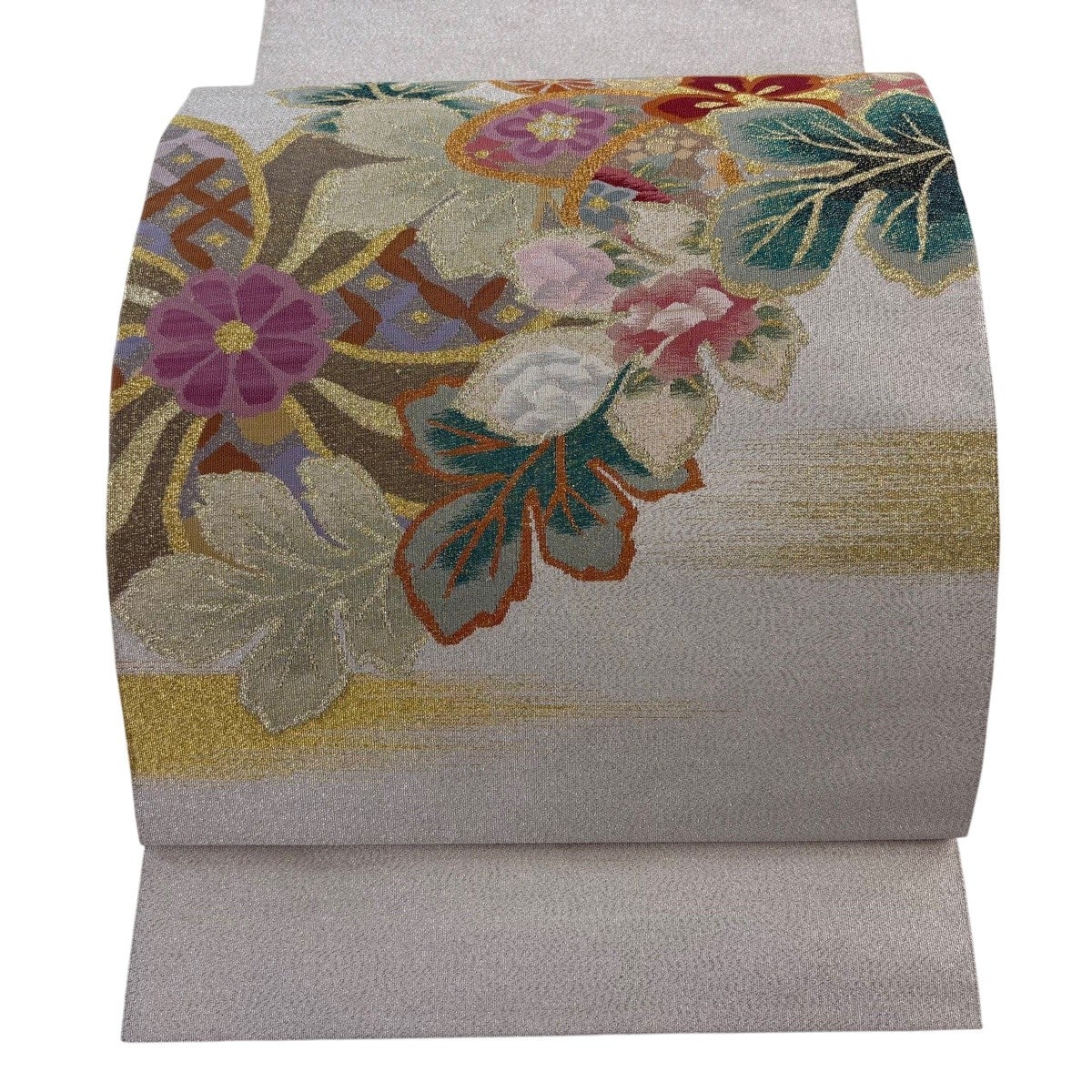 名古屋帯 秀品 鈴乃屋 八寸名古屋帯 松葉仕立て 草花 霞 金銀糸 銀色