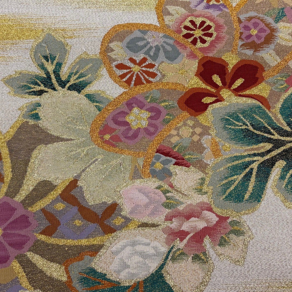 名古屋帯 秀品 鈴乃屋 八寸名古屋帯 松葉仕立て 草花 霞 金銀糸 銀色