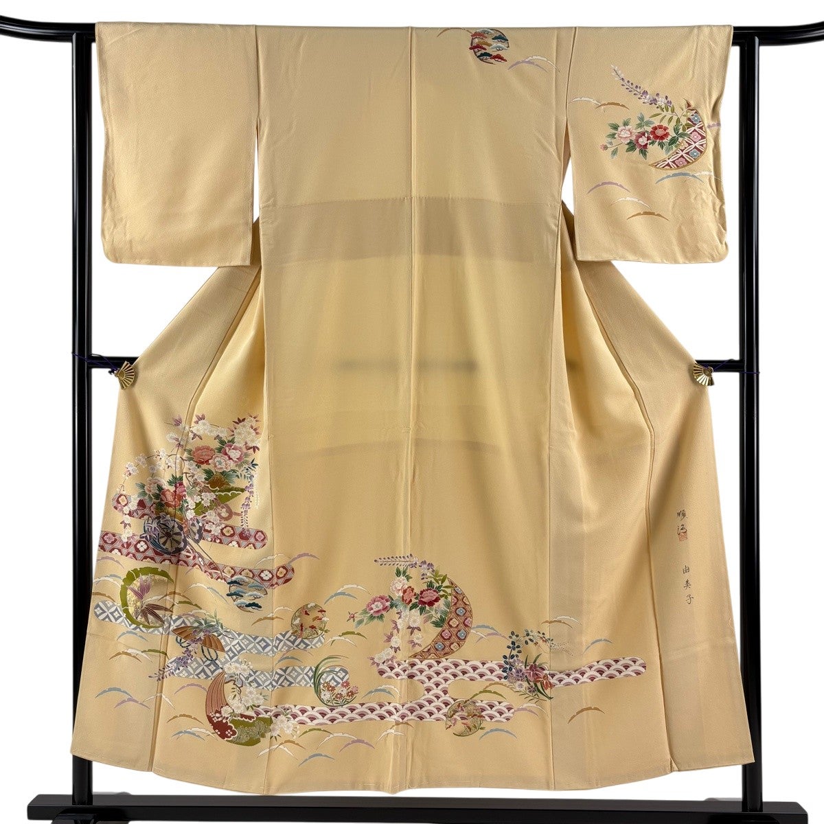 訪問着 身丈154cm 裄丈63cm S 袷 花車 橘 金彩 染め分け ベージュ 正絹