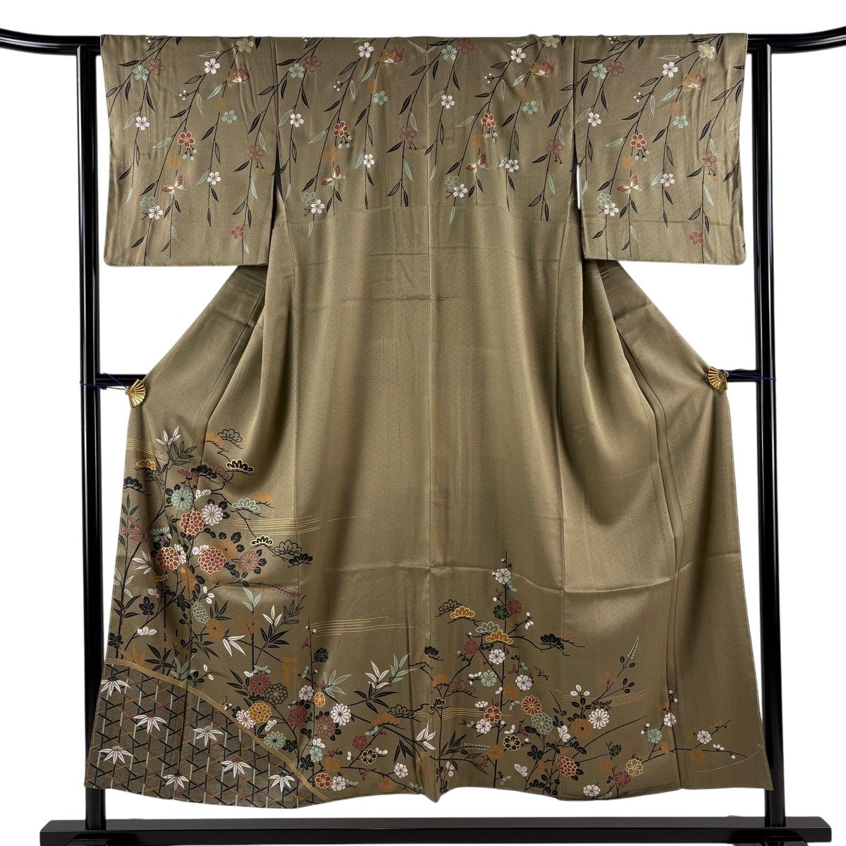 美品】 訪問着 身丈152.5cm 裄丈63cm S 袷 菊 松 金彩 茶色 正絹 秀品