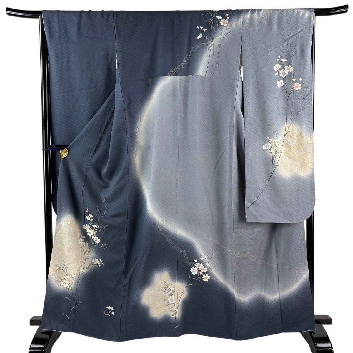 振袖 身丈168cm 裄丈66cm M 袷 草花 扇 金彩 染め分け 紺色 化繊 優品