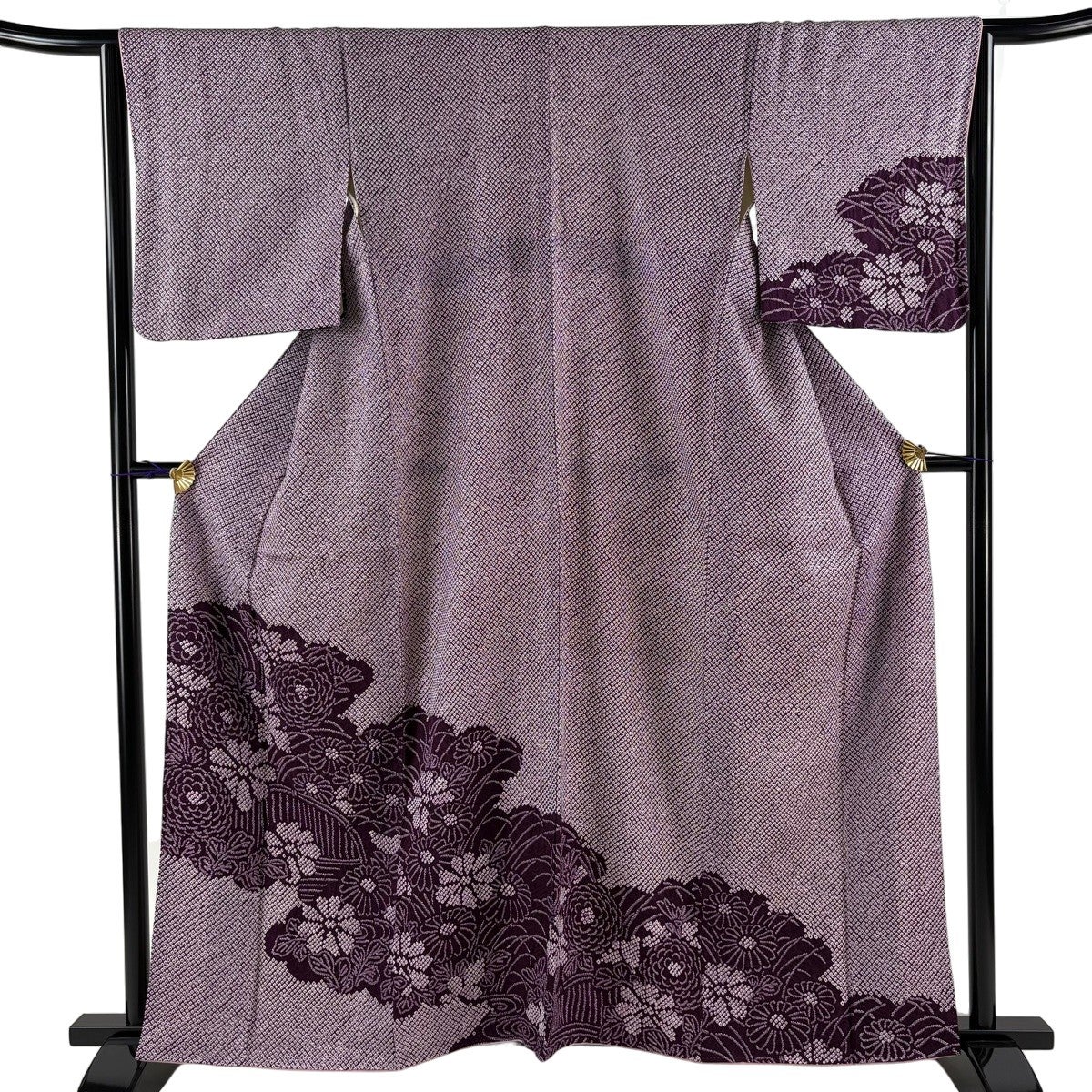 付下げ 身丈160cm 裄丈65cm M 袷 草花 雲文 紫 正絹 秀品｜中古・古着