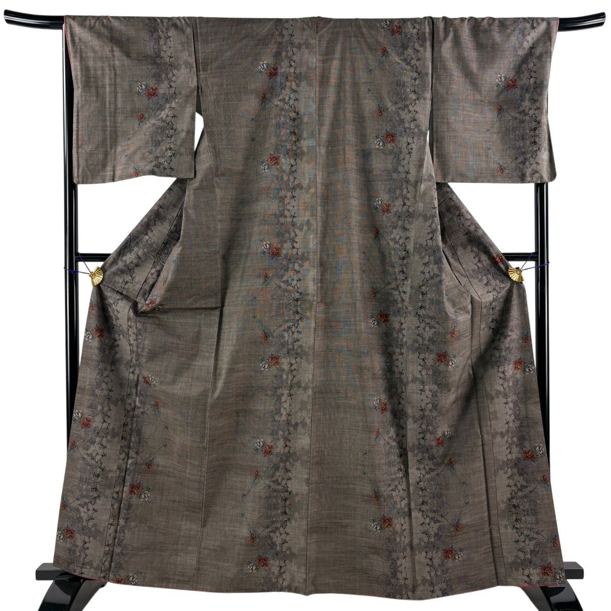 紬 身丈160.5cm 裄丈67cm M 袷 やまと 華文 黒 正絹 秀品｜中古・古着