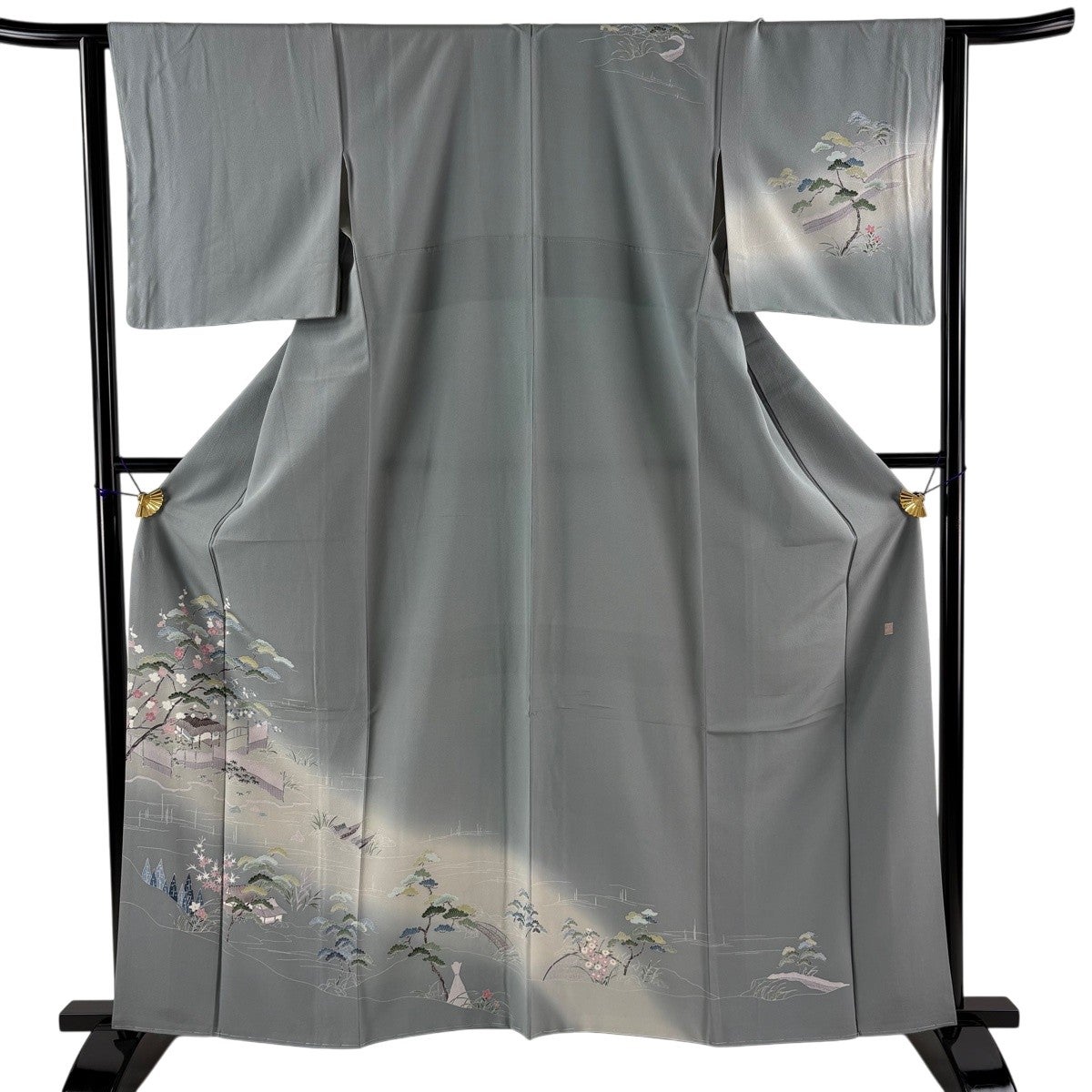「縁」150ｃｍ～156ｃｍ 白山紬 金彩染 訪問着 バチ衿 正絹 Ｂ４７５ 訪問着 身丈161cm 裄丈64cm M 単衣 紬地 バチ衿 建物 松竹梅 金彩