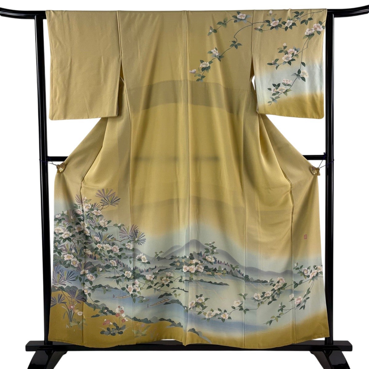 美品】 訪問着 身丈161cm 裄丈63cm S 袷 鈴乃屋 葉柄 波 金銀彩 灰緑