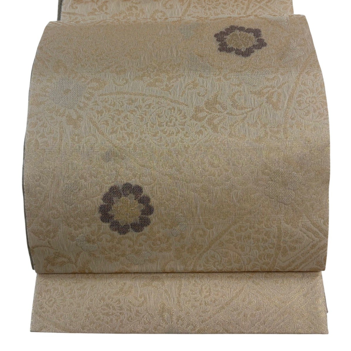 美品】 袋帯 秀品 華文 花唐草 箔 ベージュ 六通 正絹｜中古・古着