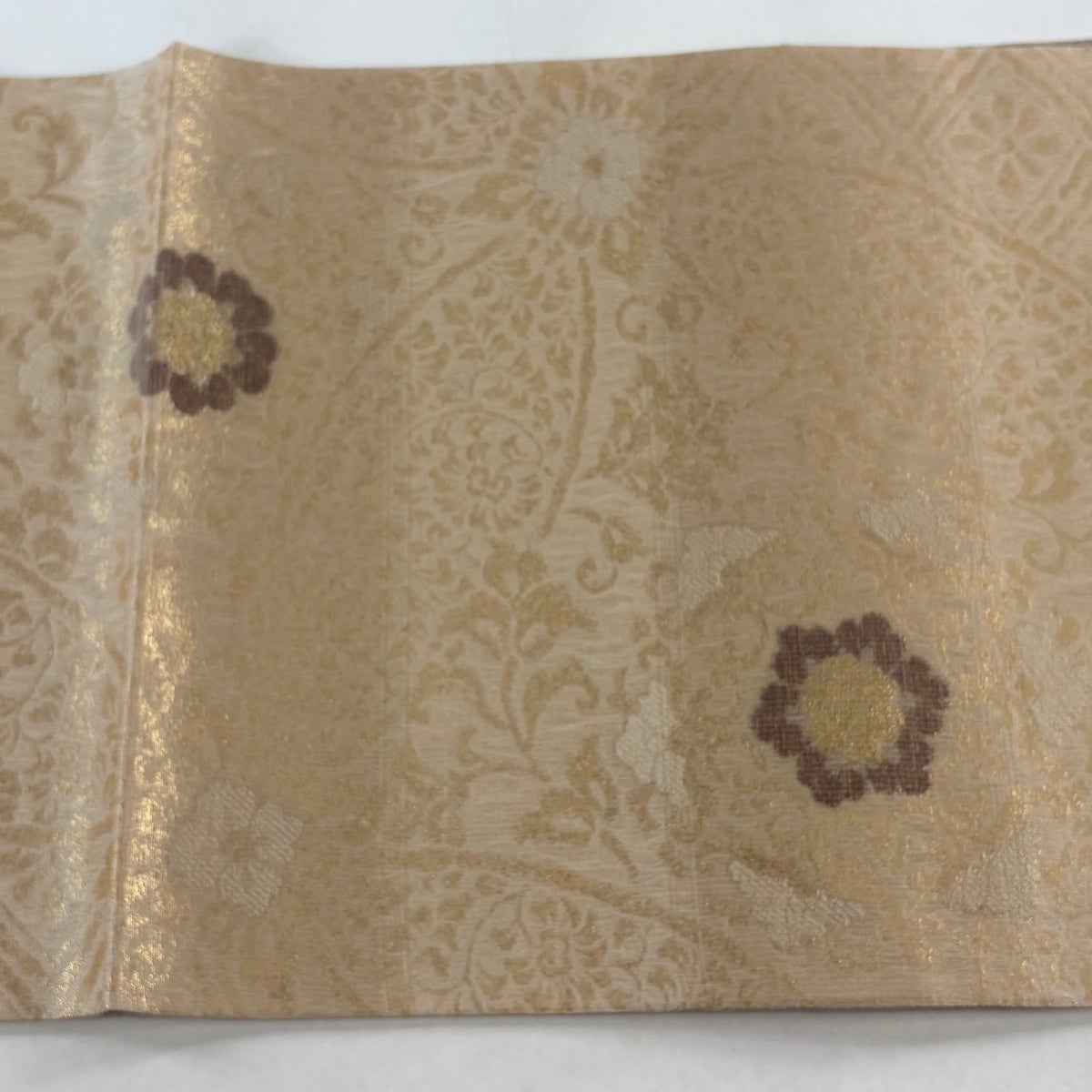 美品】 袋帯 秀品 華文 花唐草 箔 ベージュ 六通 正絹｜中古・古着