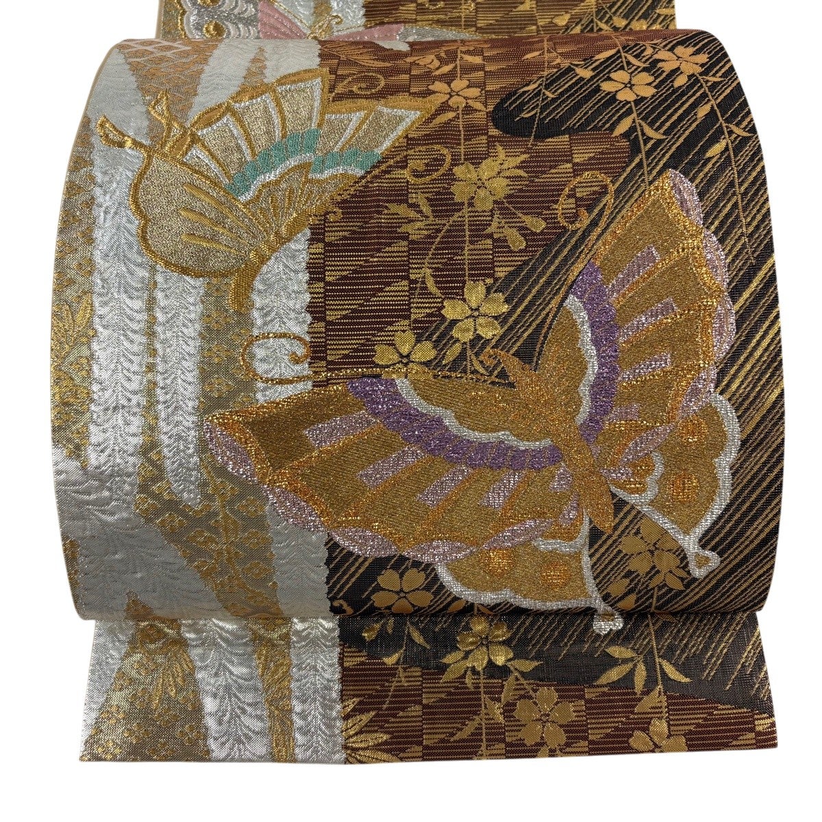 袋帯 美品 秀品 振袖向き 枝垂れ桜 蝶 金糸 箔 紫 六通 正絹 【中古】