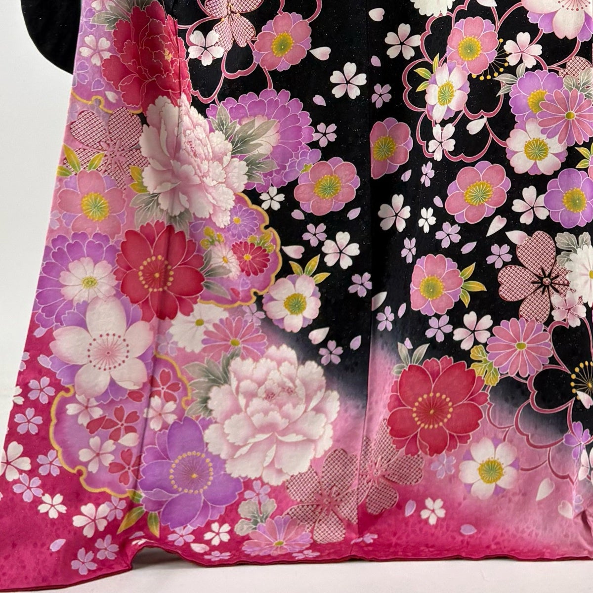 20%OFF 振袖 身丈174cm 裄丈75cm L 袷 牡丹 桜 銀通し 金彩 黒 正絹