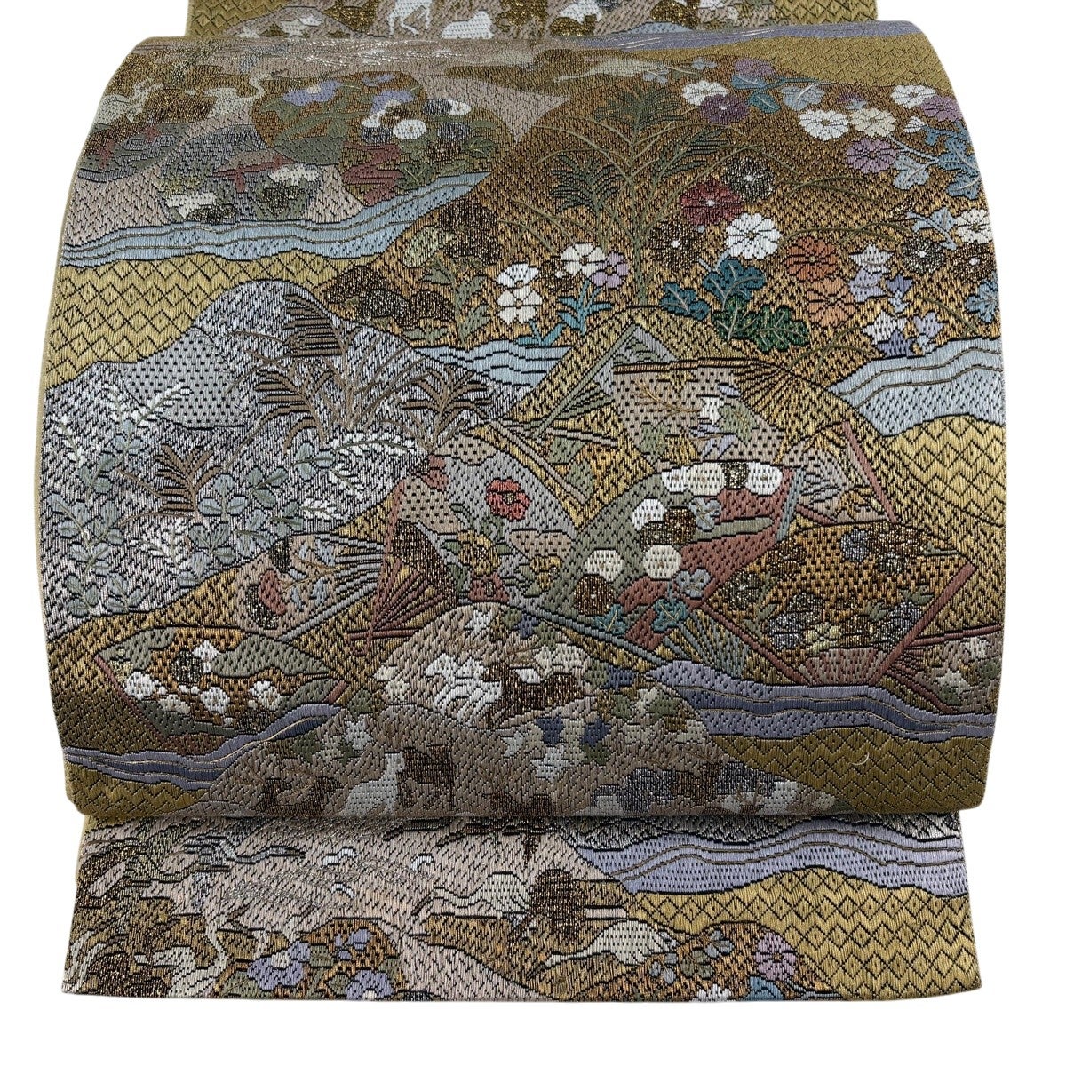 袋帯 逸品 絽刺し 扇 草花 金銀糸 箔 黄土色 全通 正絹｜中古・古着
