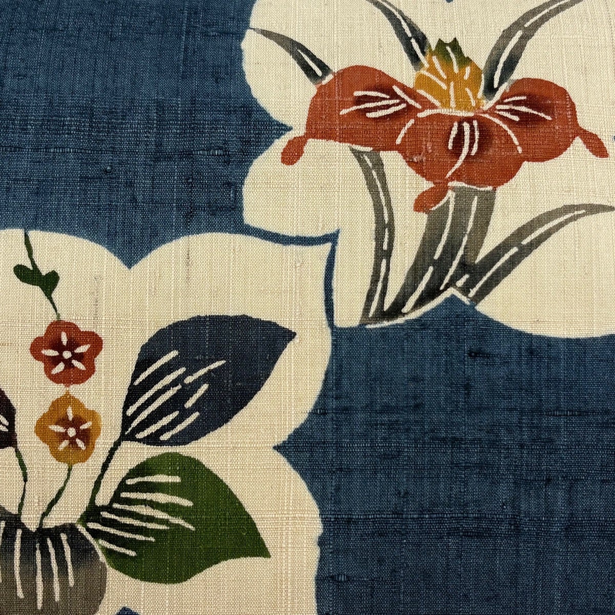20%OFF 名古屋帯 逸品 落款あり 紬地 下平清人 草花 紅型 藍色 正絹