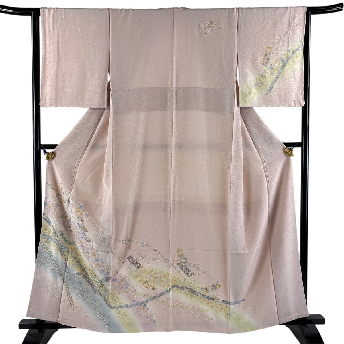 訪問着 身丈158.5cm 裄丈66cm M 袷 桜 枝葉 金彩 ぼかし 茶緑色 正絹