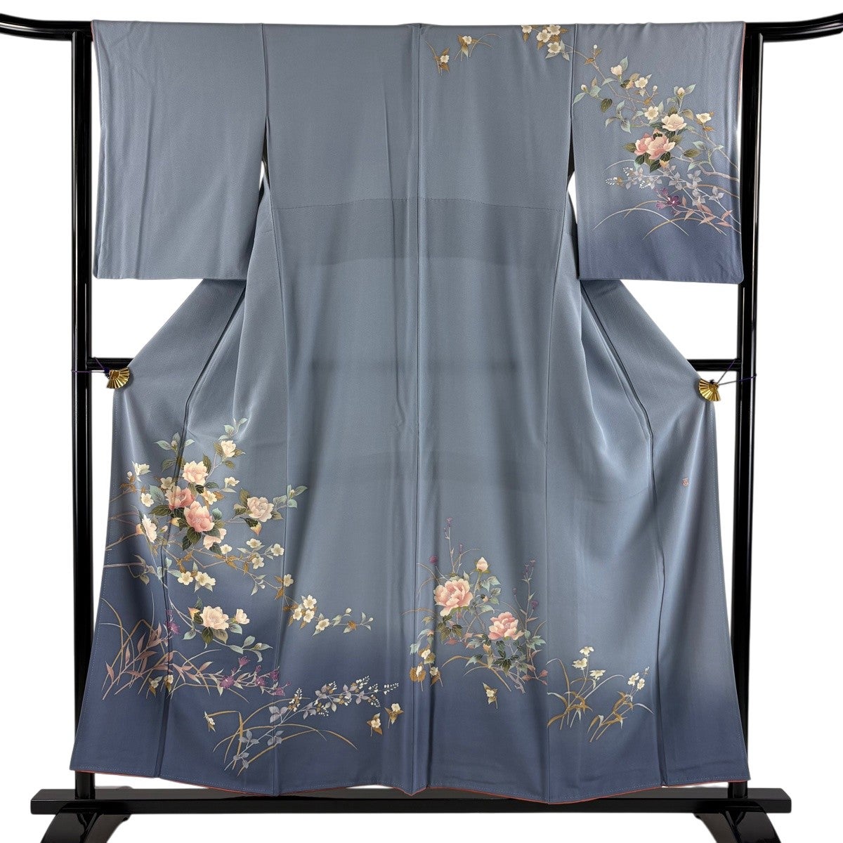 訪問着 身丈161.5cm 裄丈63cm S 袷 落款 草花 松皮菱 金彩 薄茶色 正絹