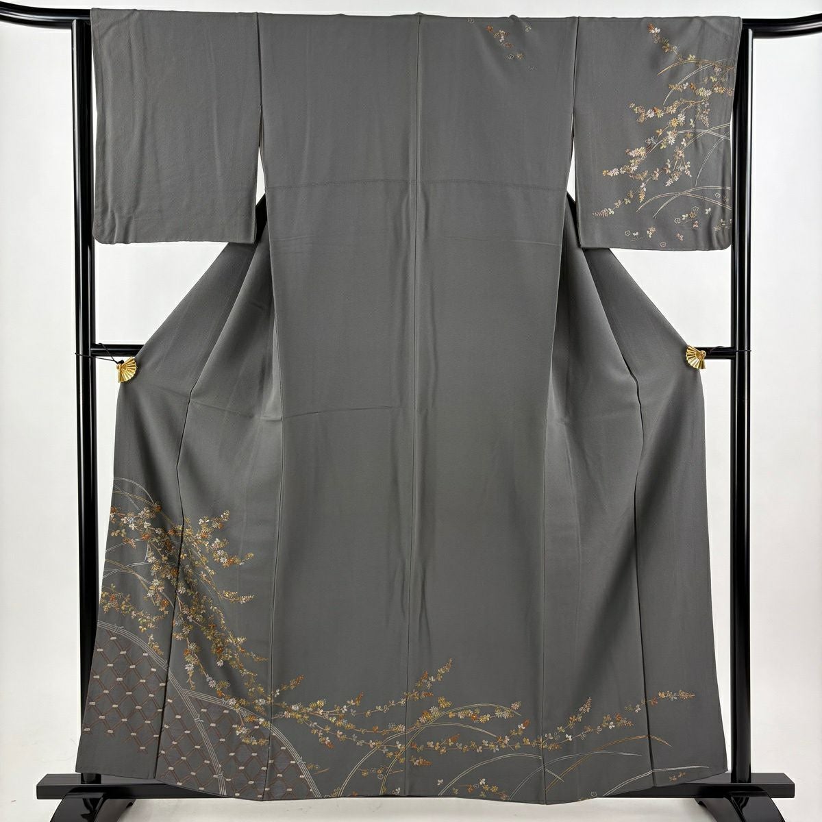 訪問着 身丈159cm 裄丈67cm M 袷 枝花 葡萄 金彩 ぼかし 灰緑 正絹 秀