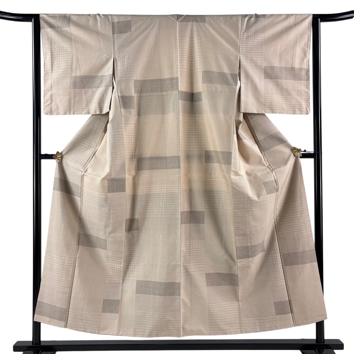美品】 紬 身丈152cm 裄丈63cm S 袷 格子 段縞 ベージュ 正絹 秀品