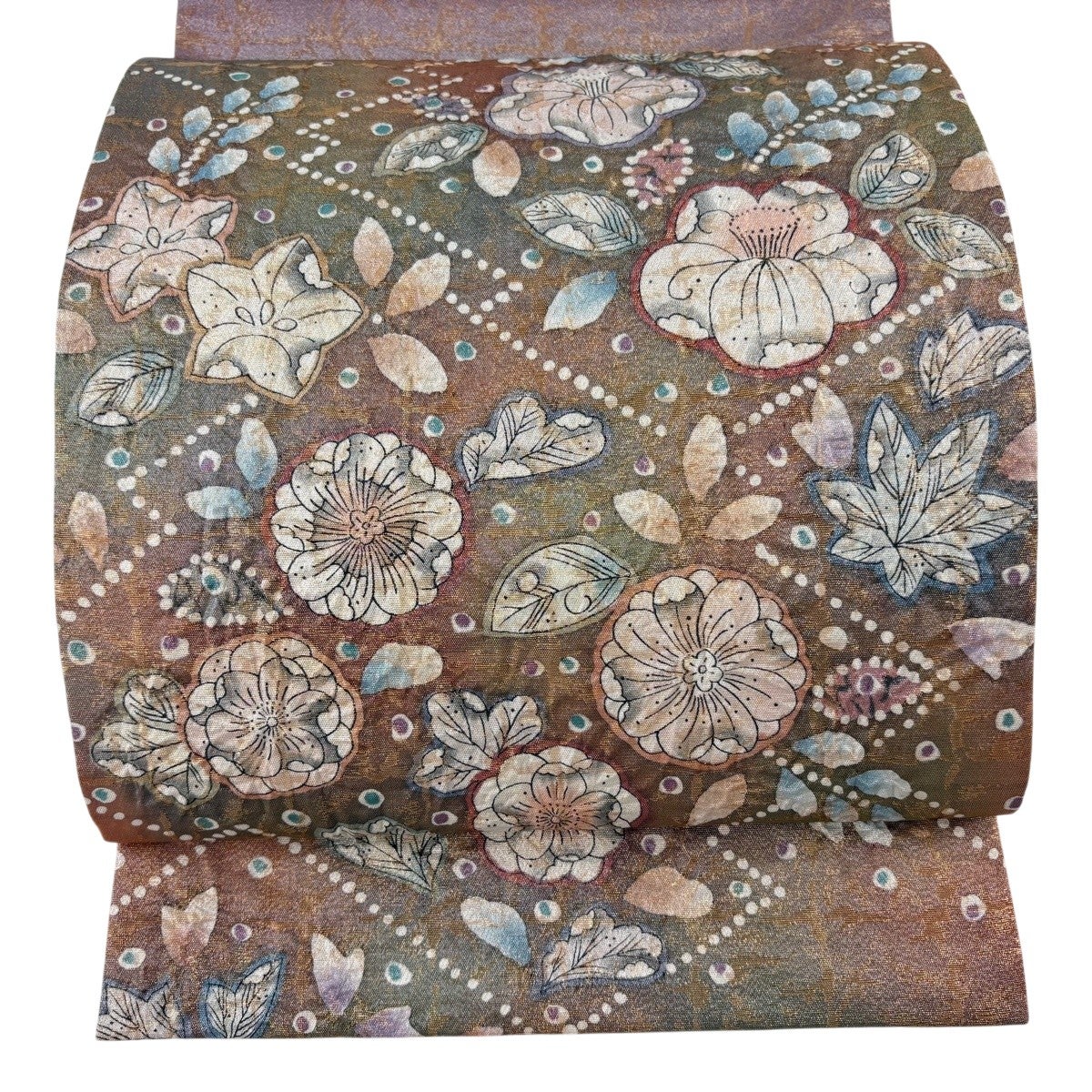 美品】 袋帯 名品 辻が花 格子 銀糸 箔 灰紫 お太鼓柄 正絹｜中古