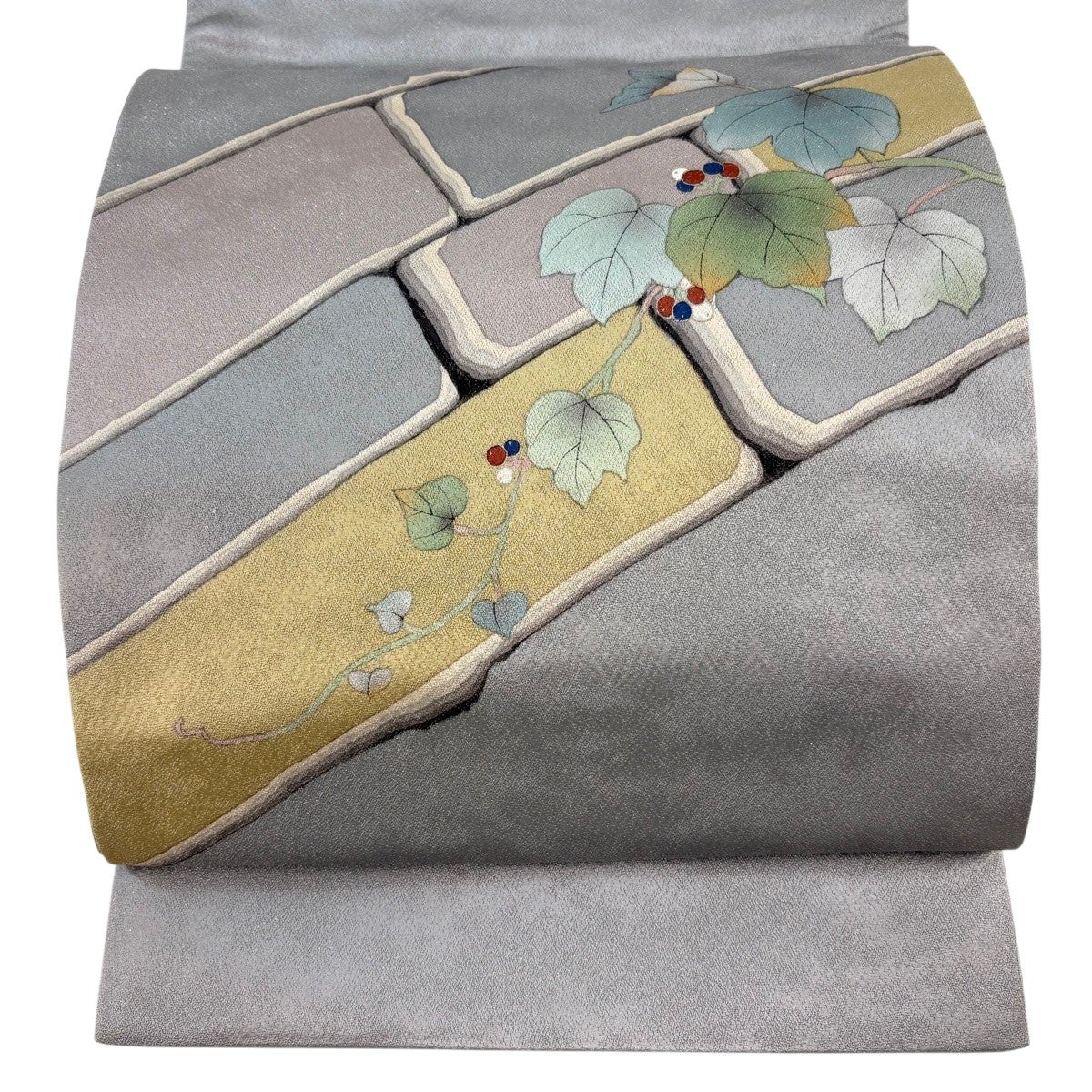袋帯 名品 葉と実 幾何学 箔 銀彩 灰色 お太鼓柄 正絹｜中古・古着