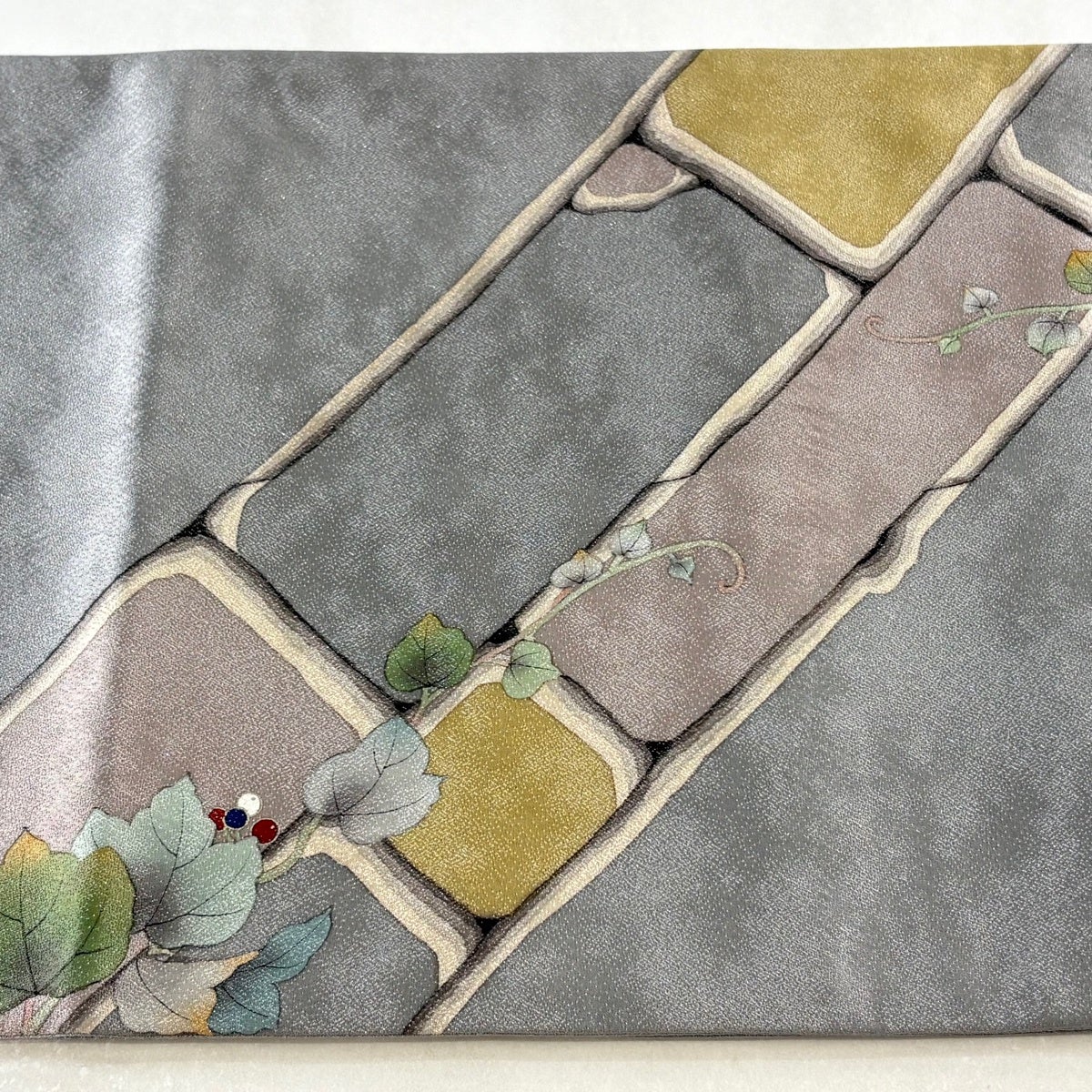 30%OFF 袋帯 名品 葉と実 幾何学 箔 銀彩 灰色 お太鼓柄 正絹 K30