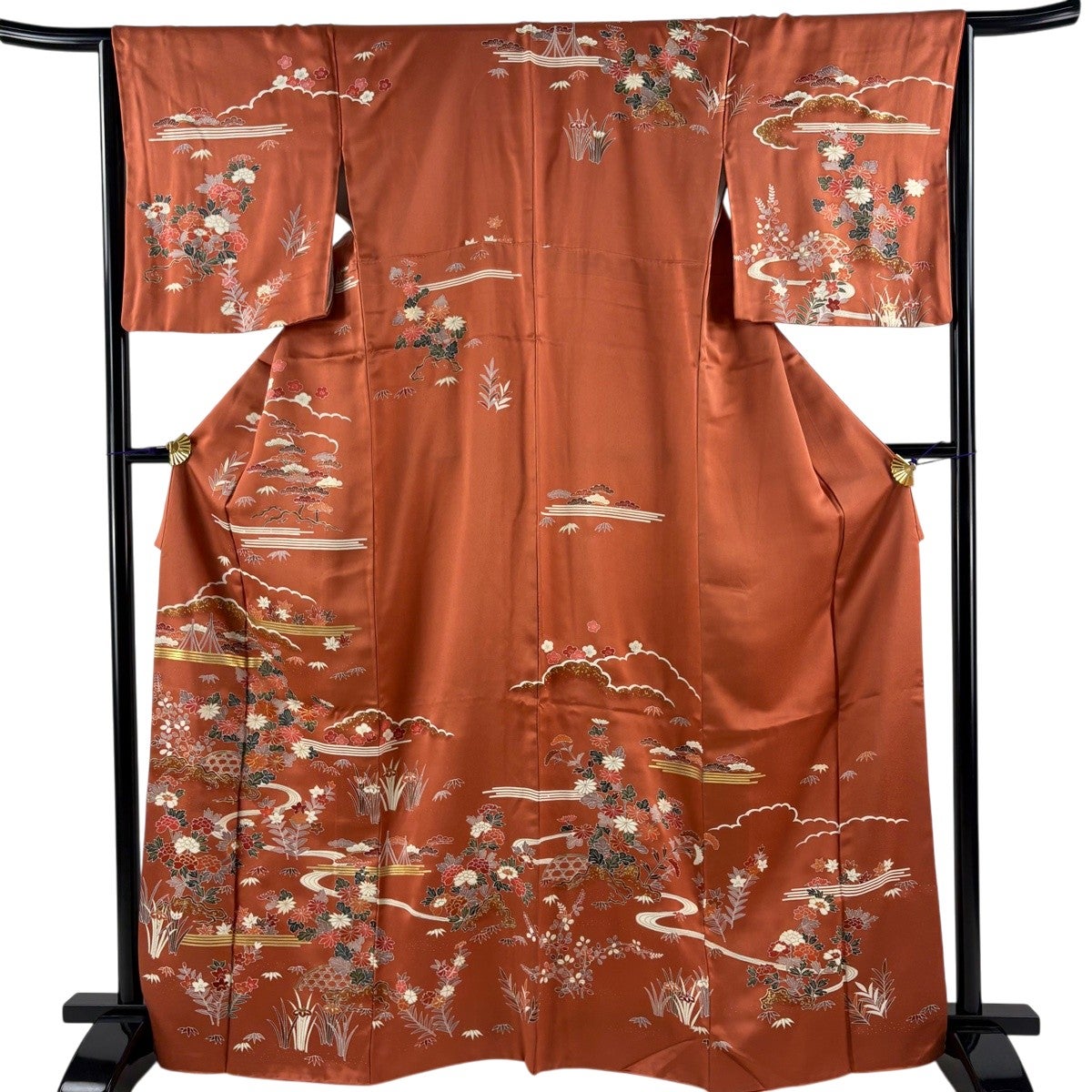 訪問着 身丈166.5cm 裄丈65.5cm M 袷 松竹梅 菊 金糸 金彩 オレンジ