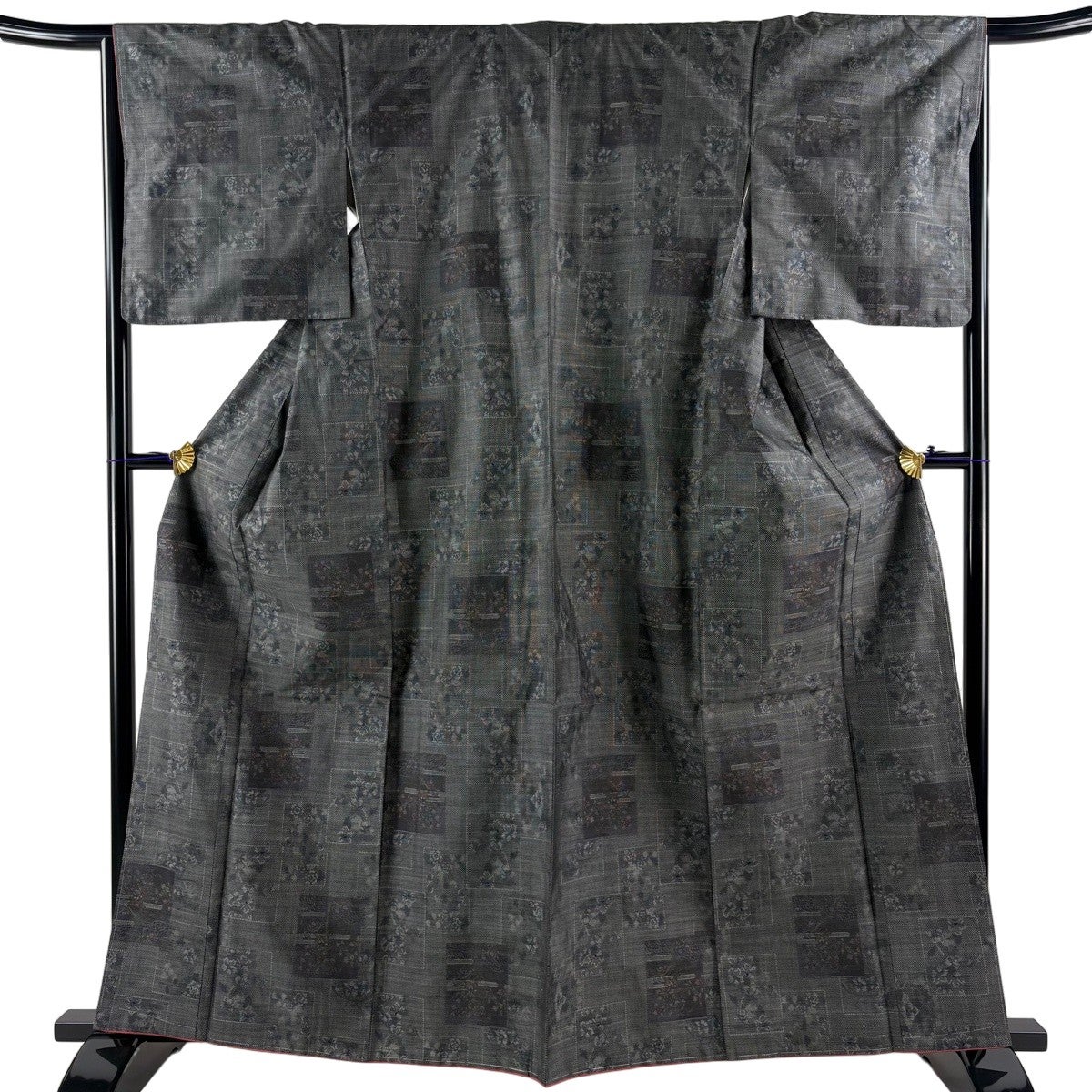 紬 身丈163cm 裄丈65cm M 袷 有職文様 寄せ柄 濃紺 正絹 優品｜中古