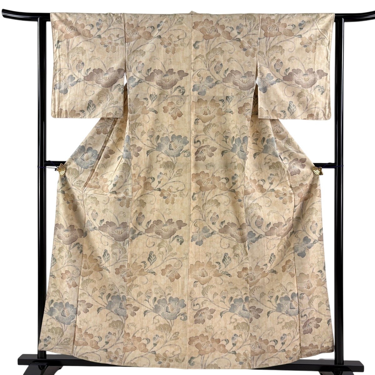 美品】 小紋 身丈165cm 裄丈69cm L 袷 紬地 花唐草 灰茶 正絹 秀品