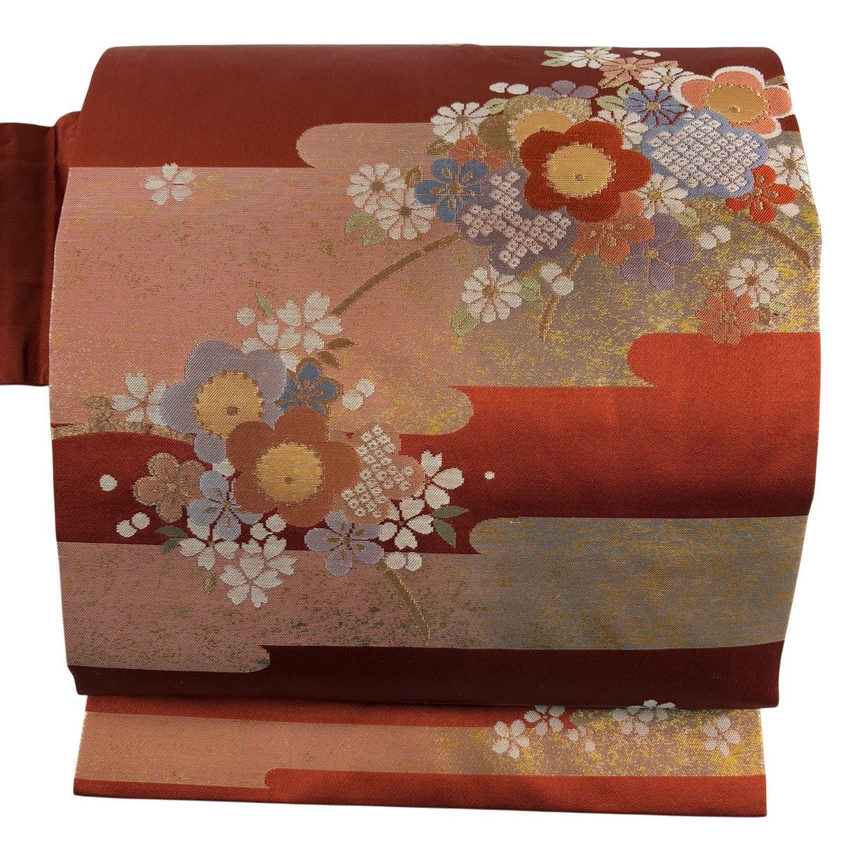 名古屋帯 優品 花 草花 絞り 赤茶 正絹｜中古・古着・リサイクル着物