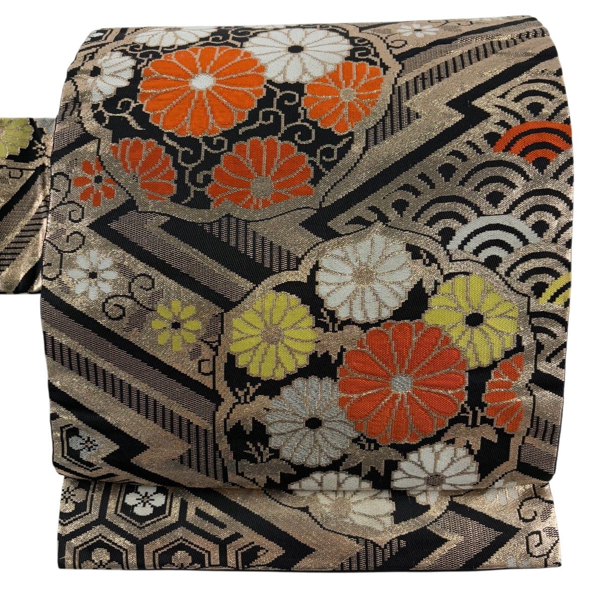 ★正絹★美品★金地に菊柄★名古屋帯★ 名古屋帯 秀品 扇面 菊 金彩 縮緬 灰紫 正絹｜中古・古着・リサイクル