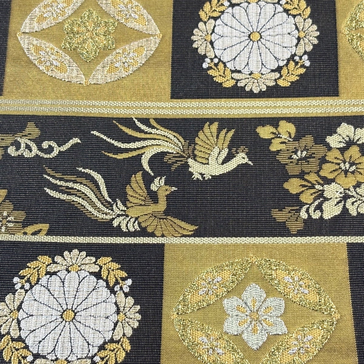 30%OFF 袋帯 名品 証紙あり 七宝 鳥 金糸 箔 金茶 六通 正絹 K30｜中古