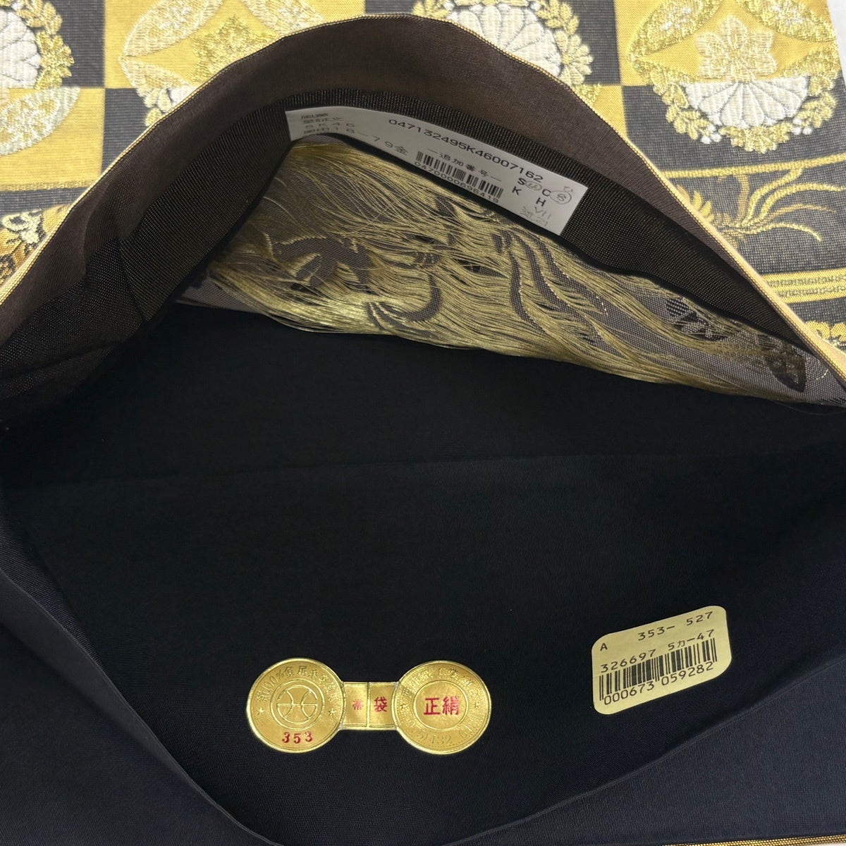 30%OFF 袋帯 名品 証紙あり 七宝 鳥 金糸 箔 金茶 六通 正絹 K30｜中古